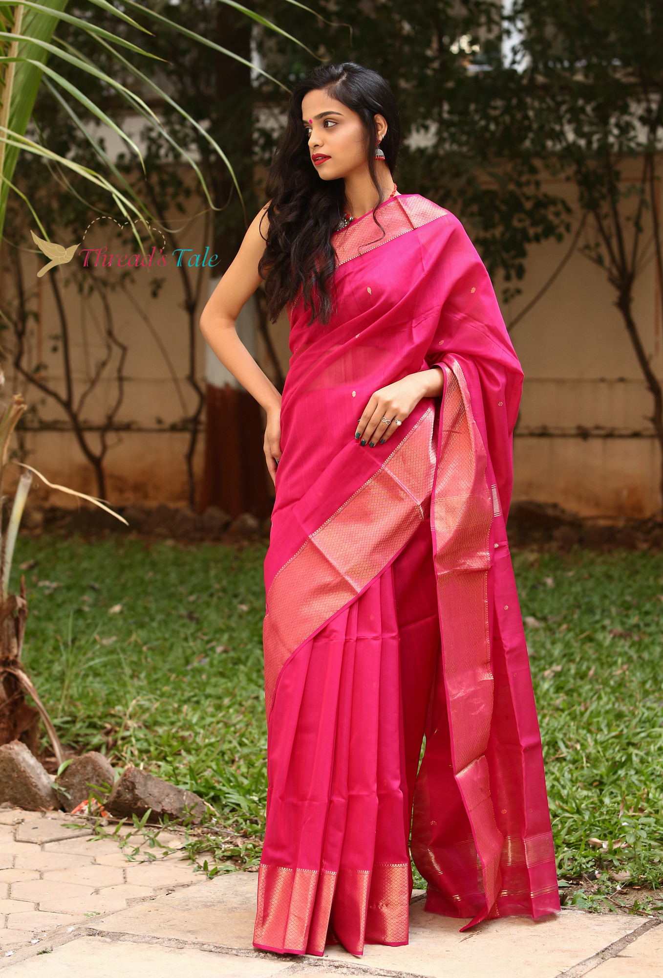Pink Handwoven Maheshwari Silk Saree With Broad Border