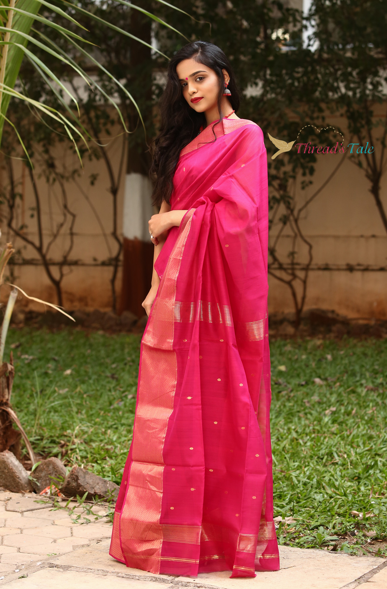 Pink Handwoven Maheshwari Silk Saree With Broad Border