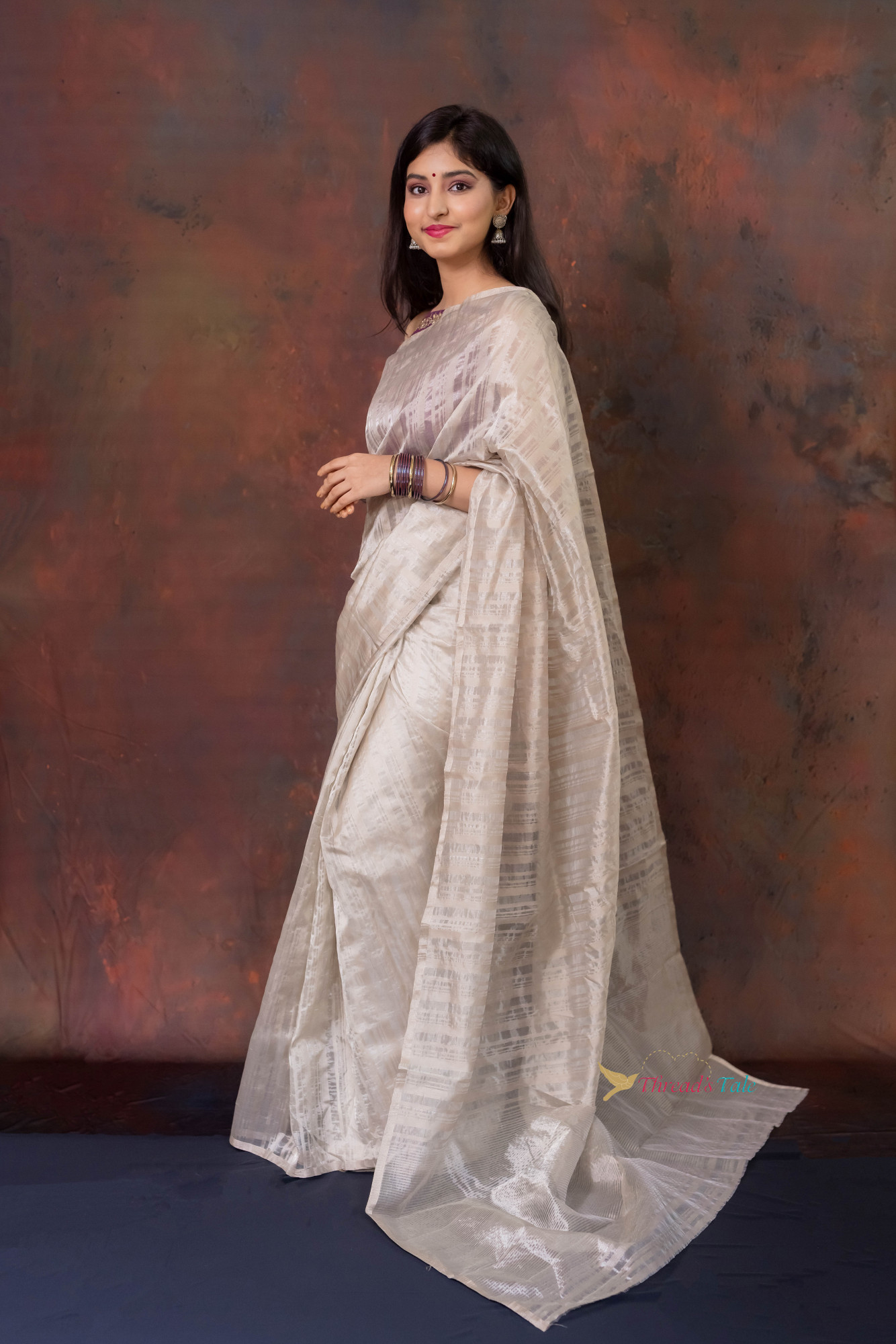 Silver White Handwoven Tissue Stripe Saree