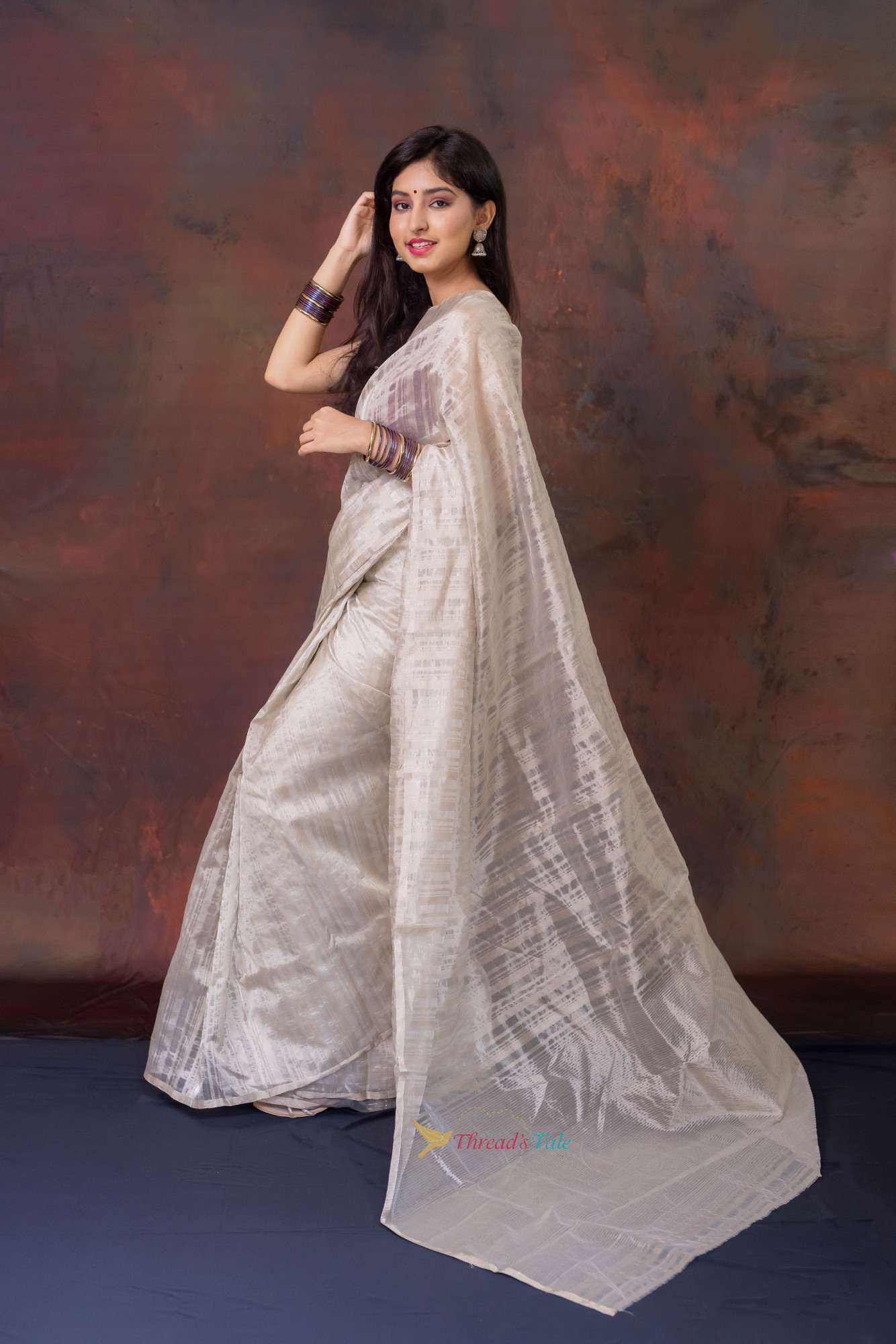 Silver White Handwoven Tissue Stripe Saree