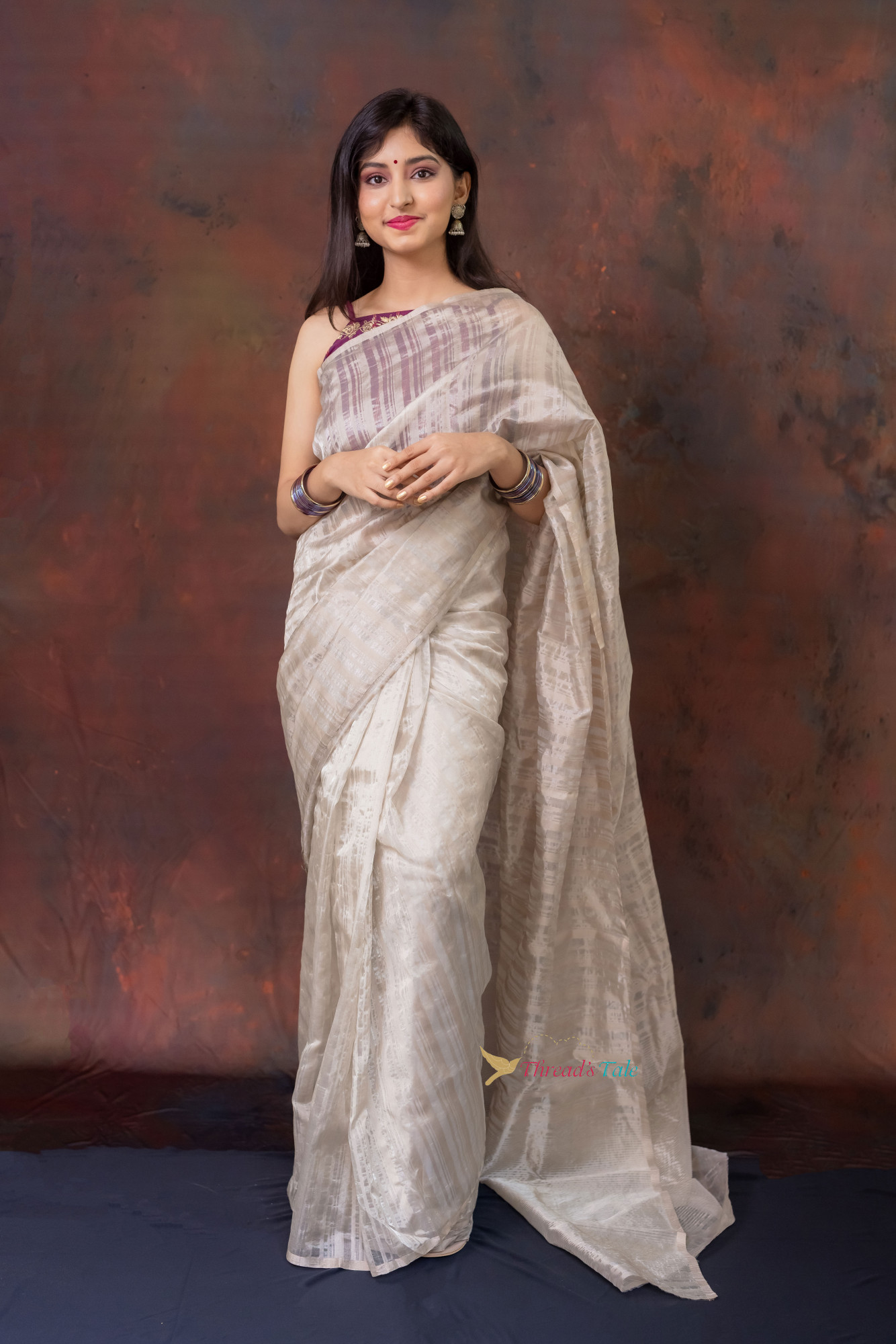Silver White Handwoven Tissue Stripe Saree