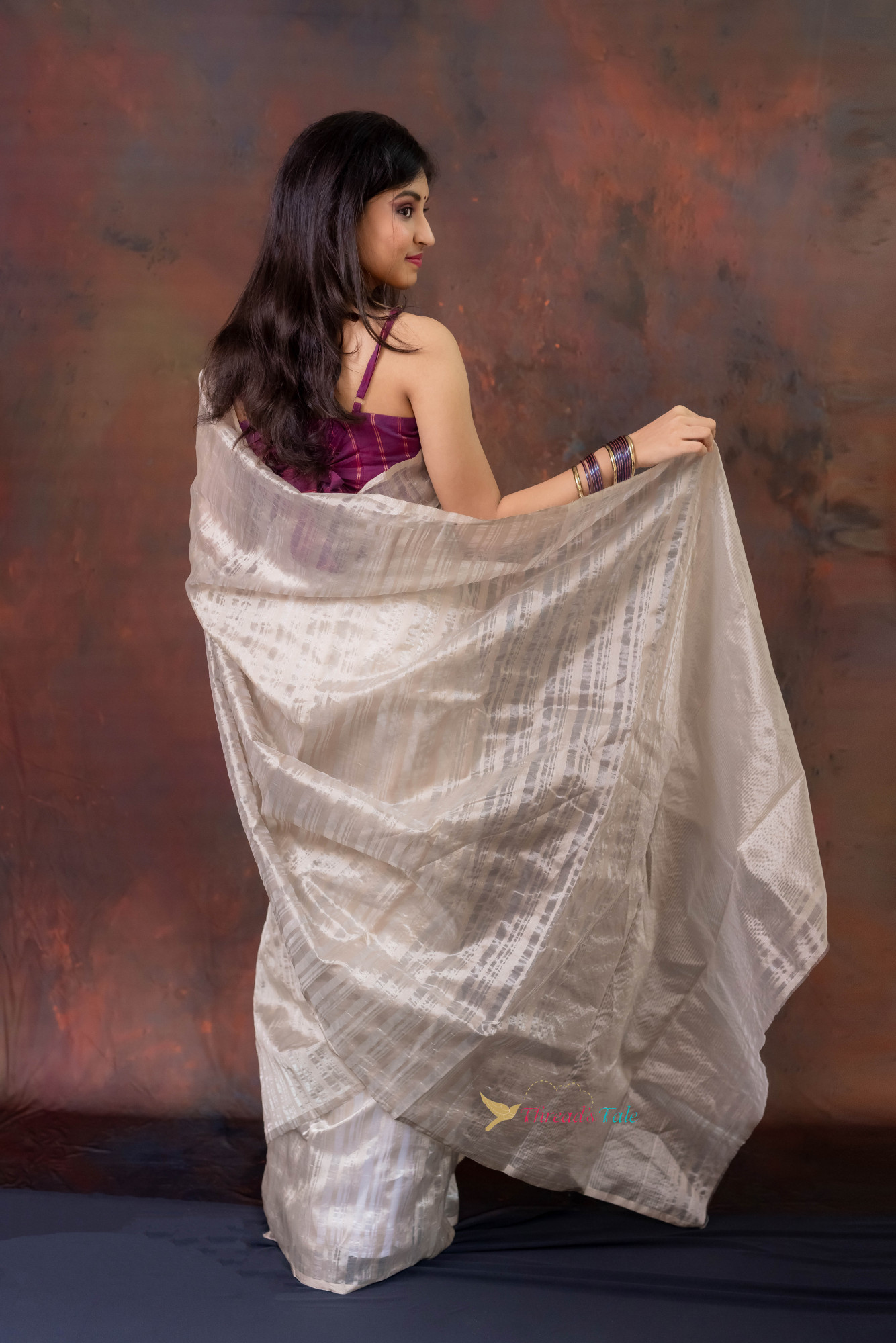 Silver White Handwoven Tissue Stripe Saree