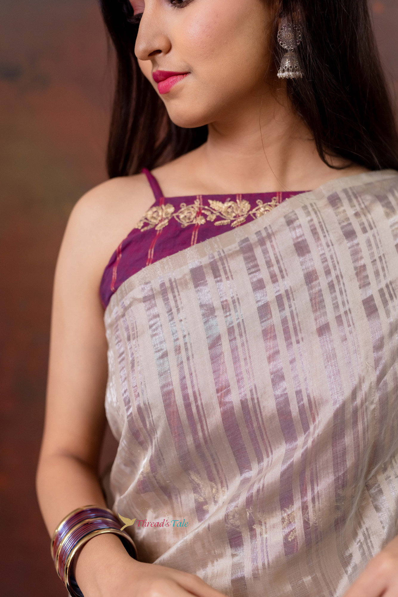 Silver White Handwoven Tissue Stripe Saree