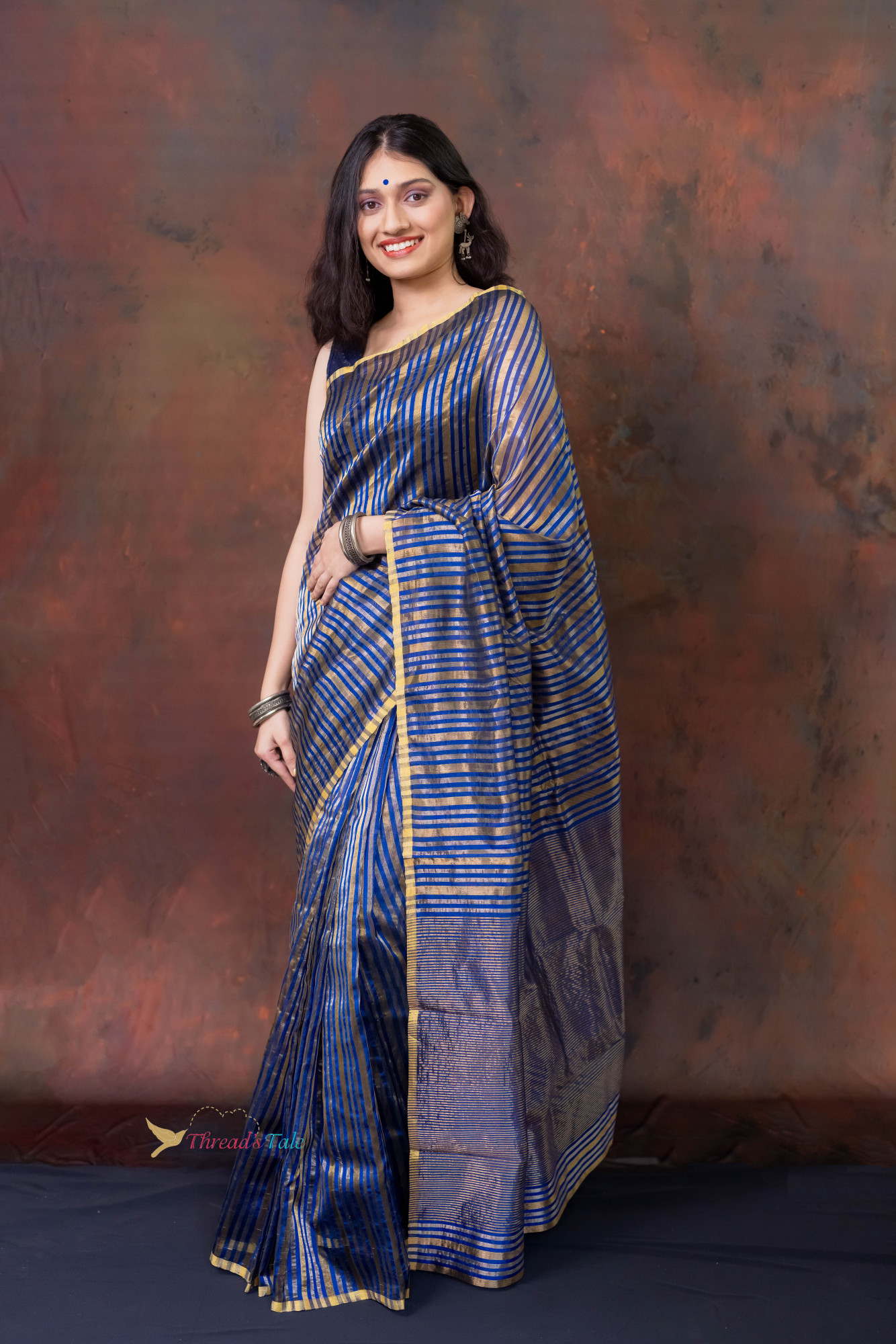Electric Blue Silver Golden Stripes Handwoven Tissue Saree