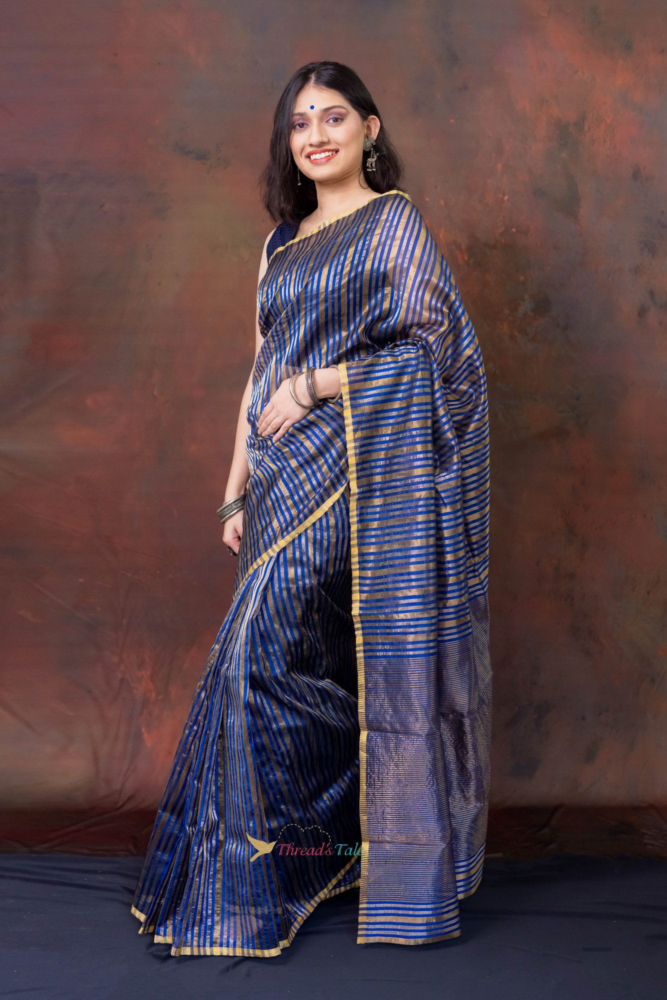 Electric Blue Silver Golden Stripes Handwoven Tissue Saree
