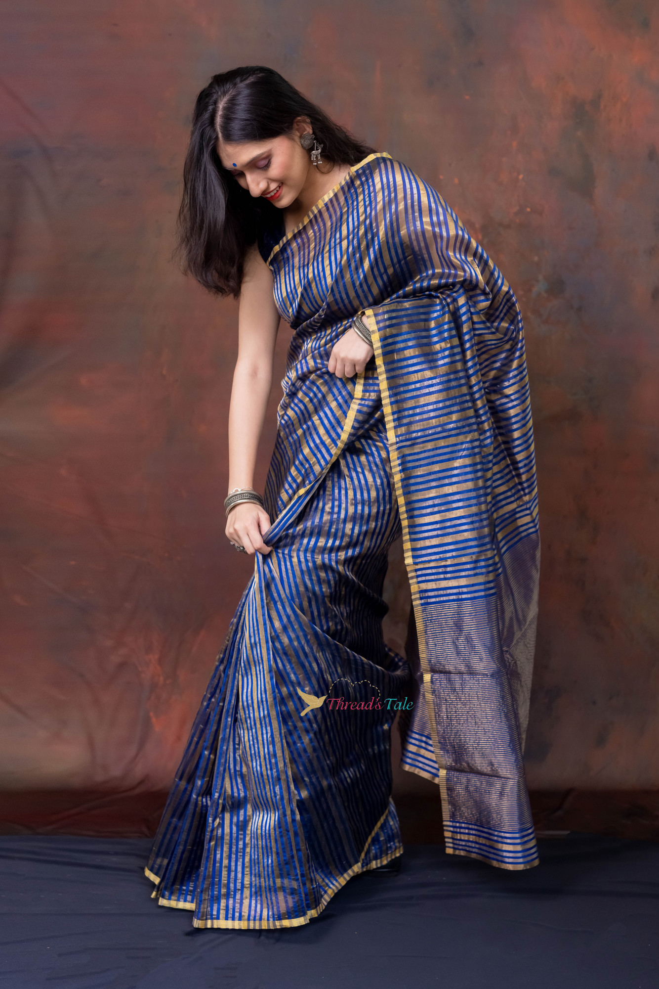 Electric Blue Silver Golden Stripes Handwoven Tissue Saree