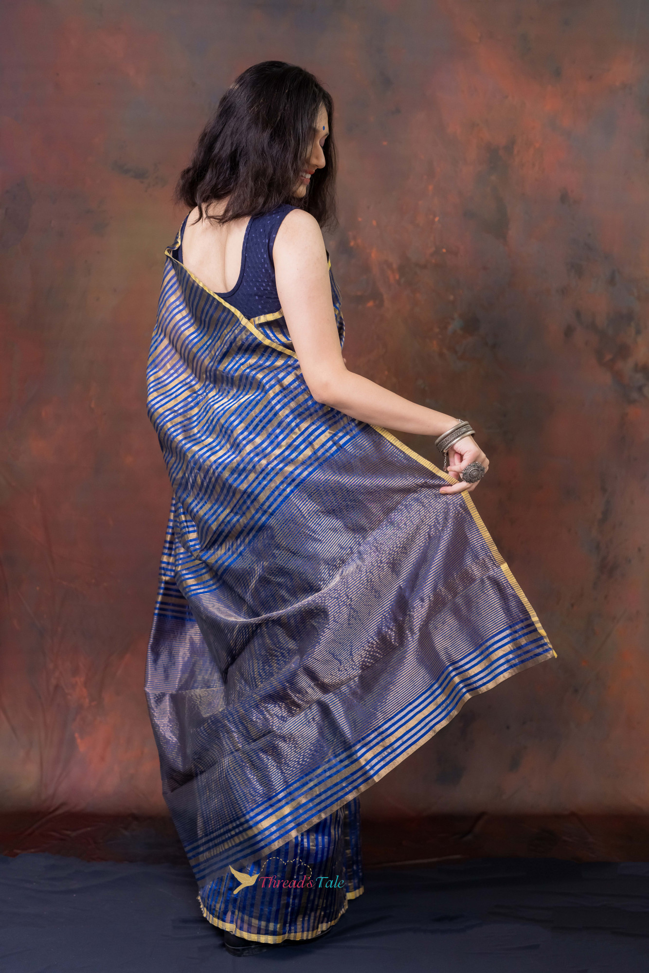Electric Blue Silver Golden Stripes Handwoven Tissue Saree