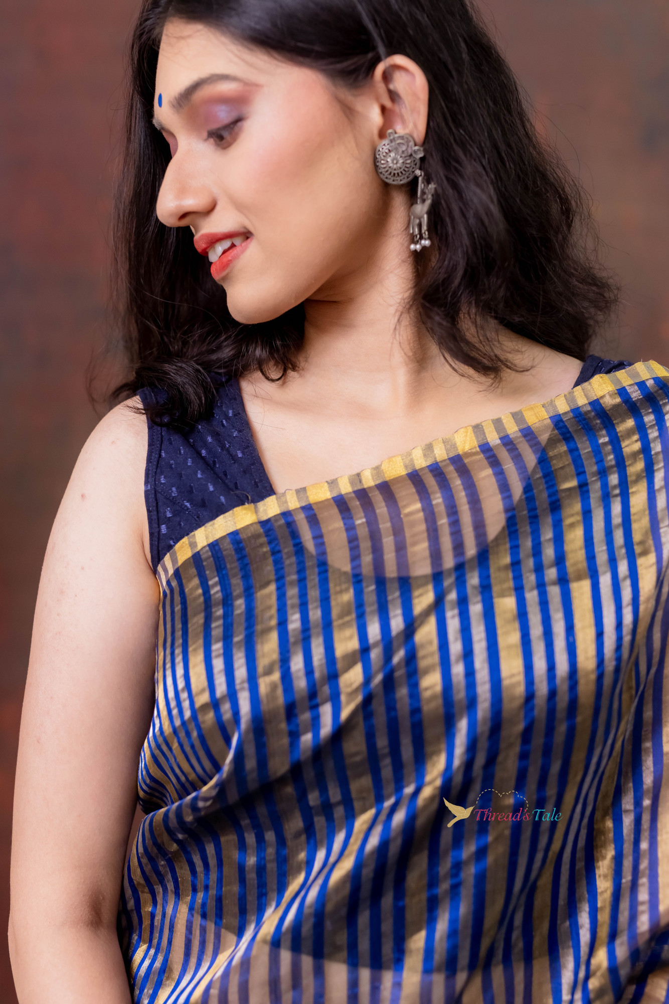 Electric Blue Silver Golden Stripes Handwoven Tissue Saree