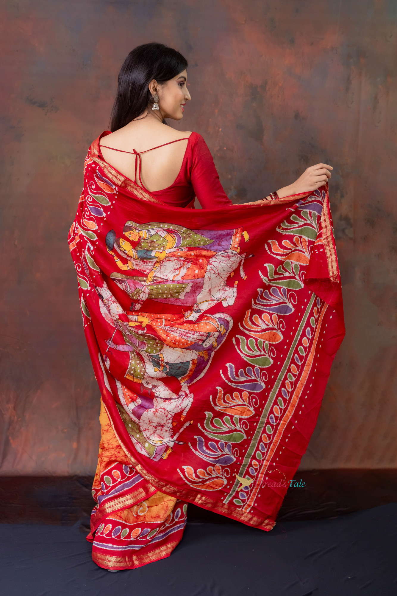 Orange Hand Batik Painted Handwoven Saree