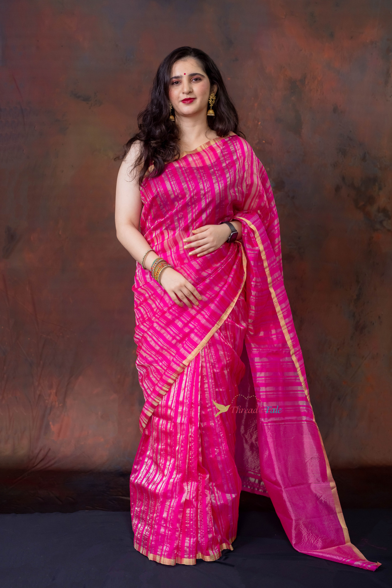 Pink Handwoven Silver Golden Tissue Stripes Saree