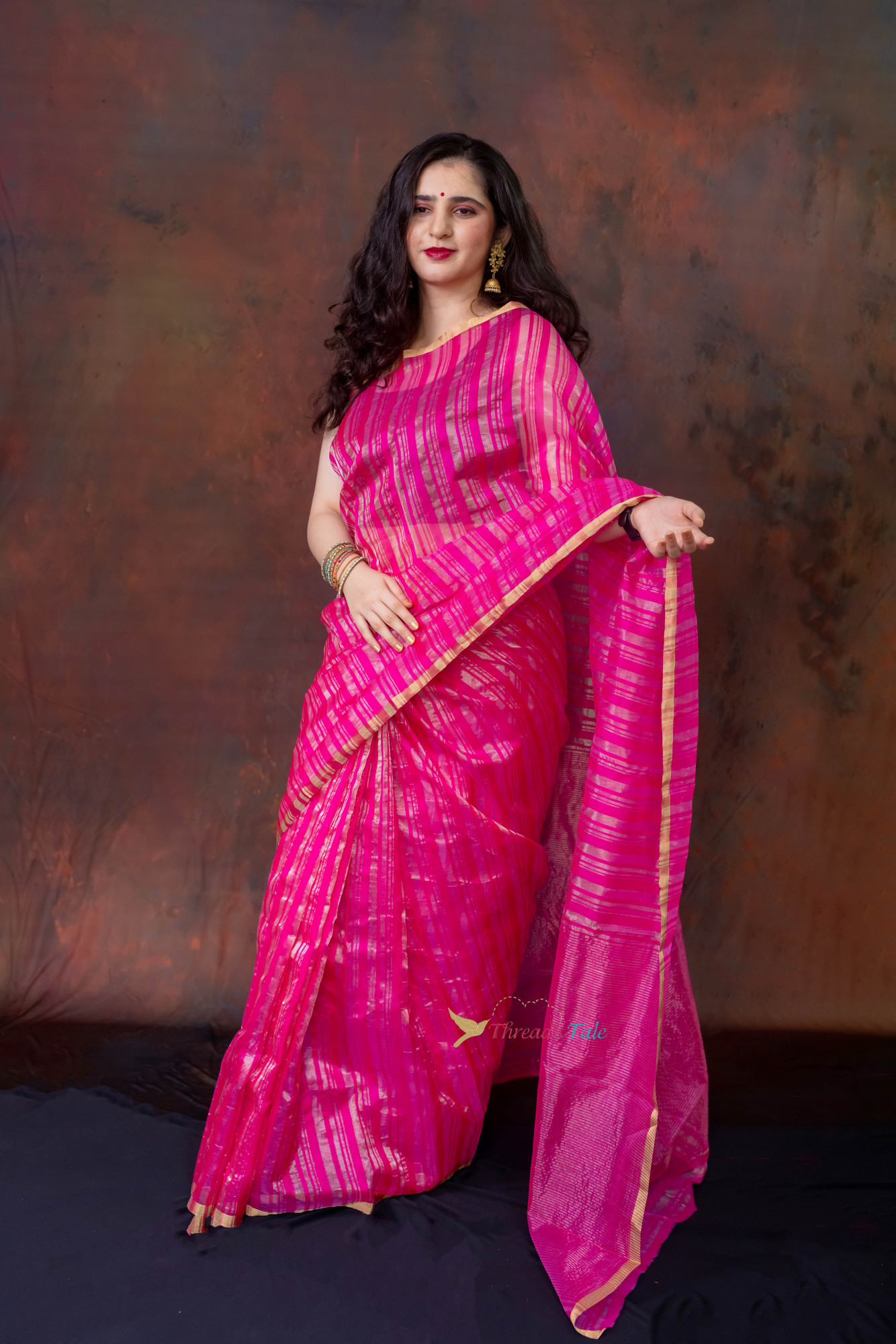 Pink  Handwoven Silver Golden Tissue Stripes Saree