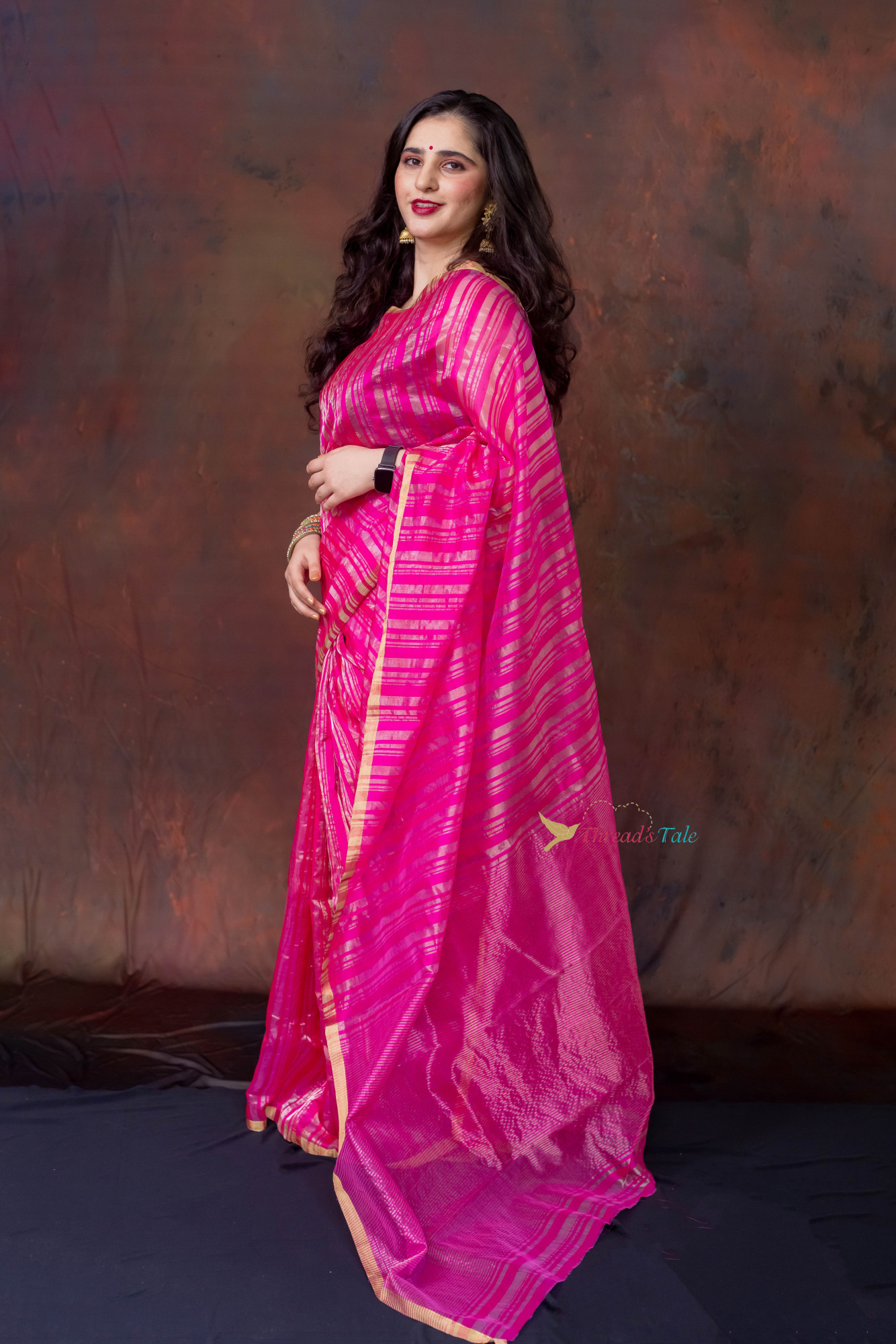 Pink Handwoven Silver Golden Tissue Stripes Saree