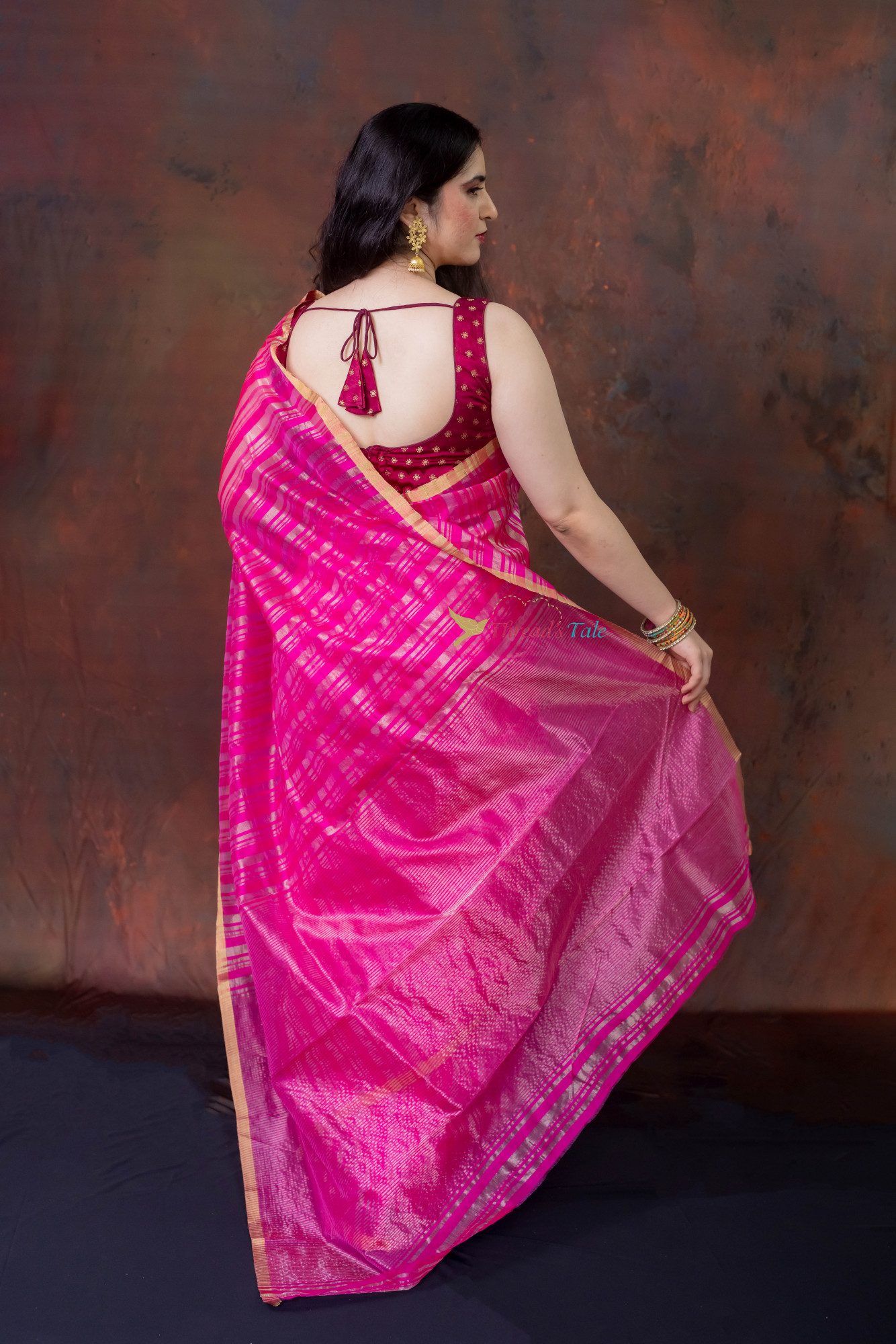 Pink  Handwoven Silver Golden Tissue Stripes Saree