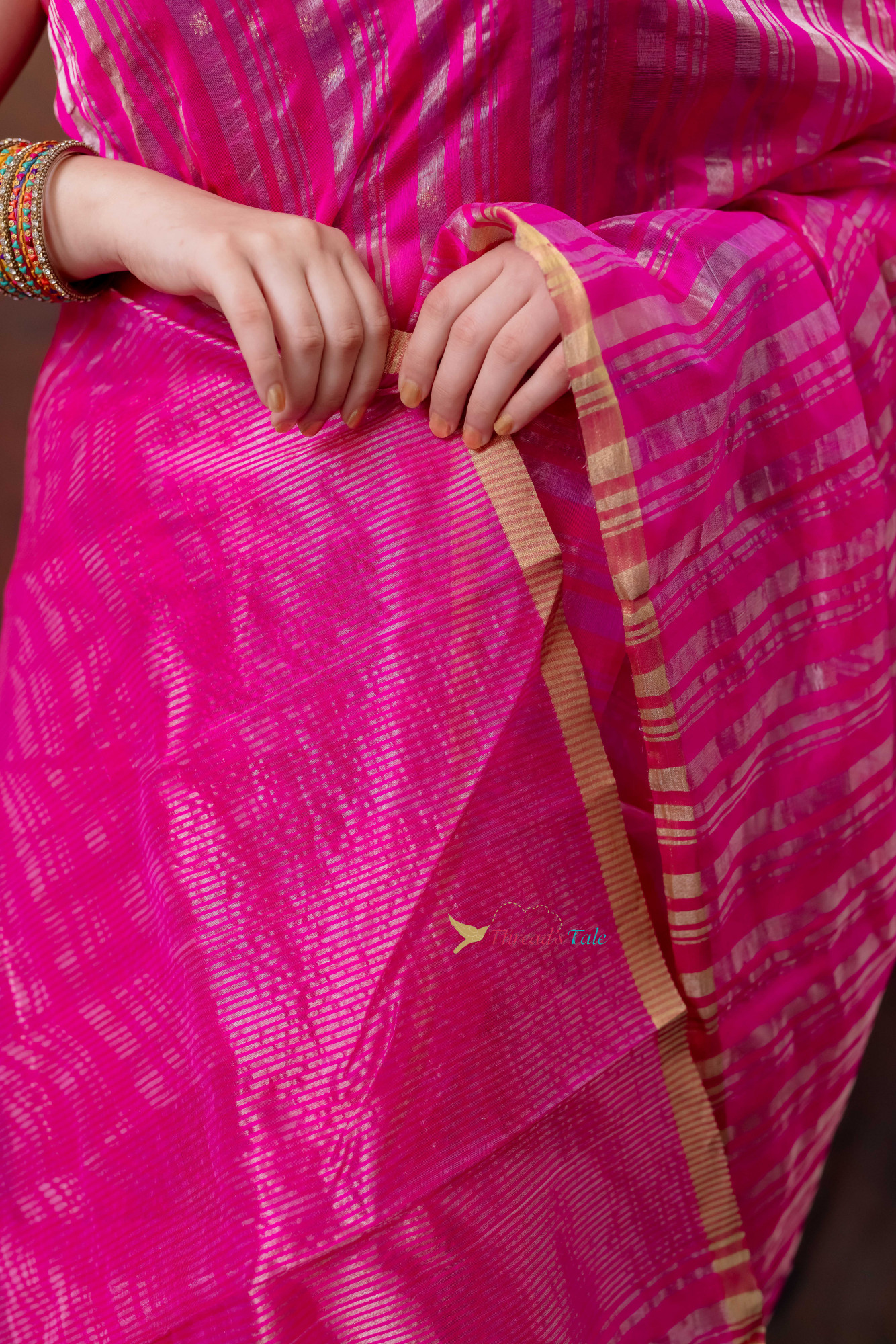 Pink  Handwoven Silver Golden Tissue Stripes Saree