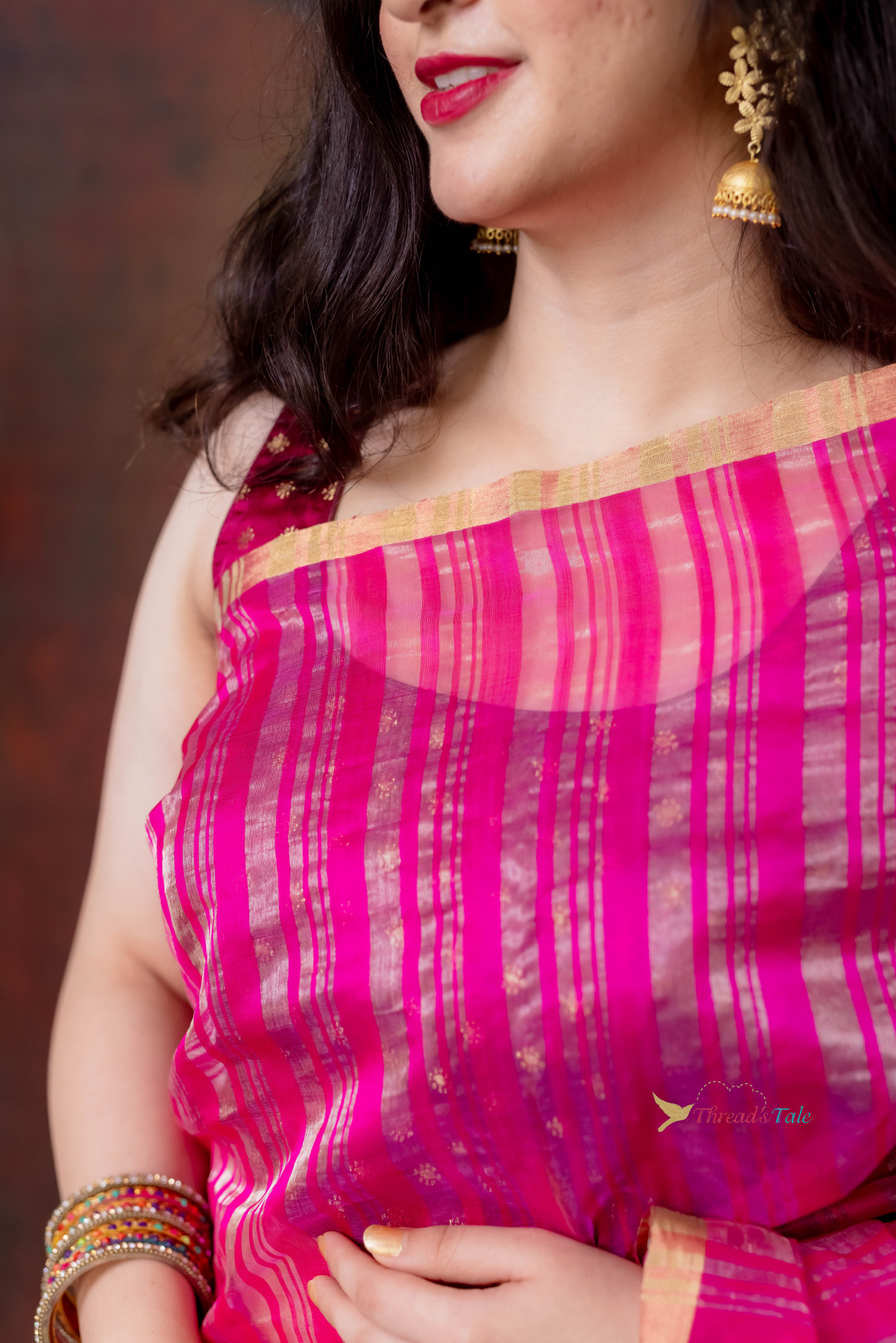 Pink  Handwoven Silver Golden Tissue Stripes Saree