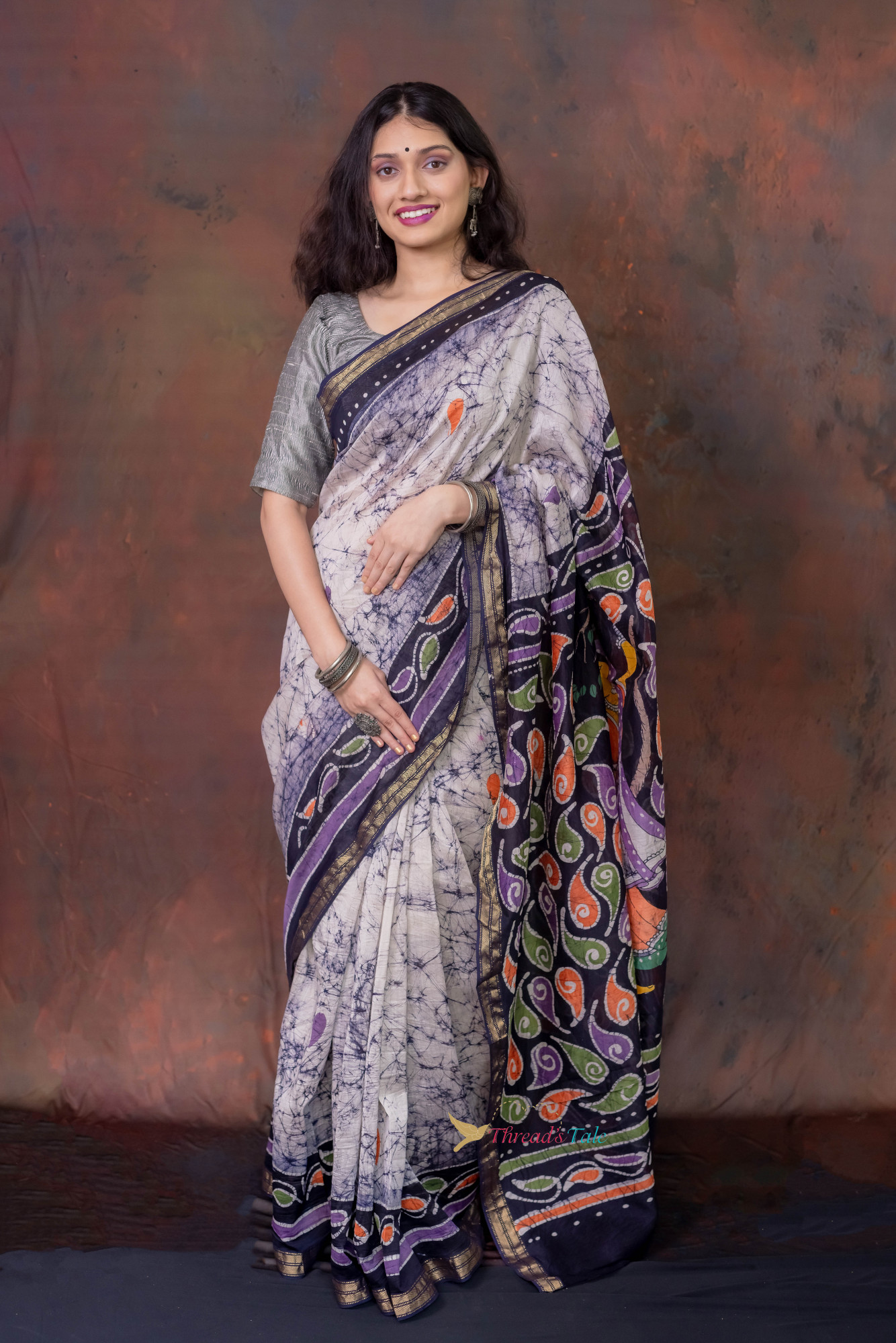 Bluish Grey Hand Batik painted Handwoven Saree