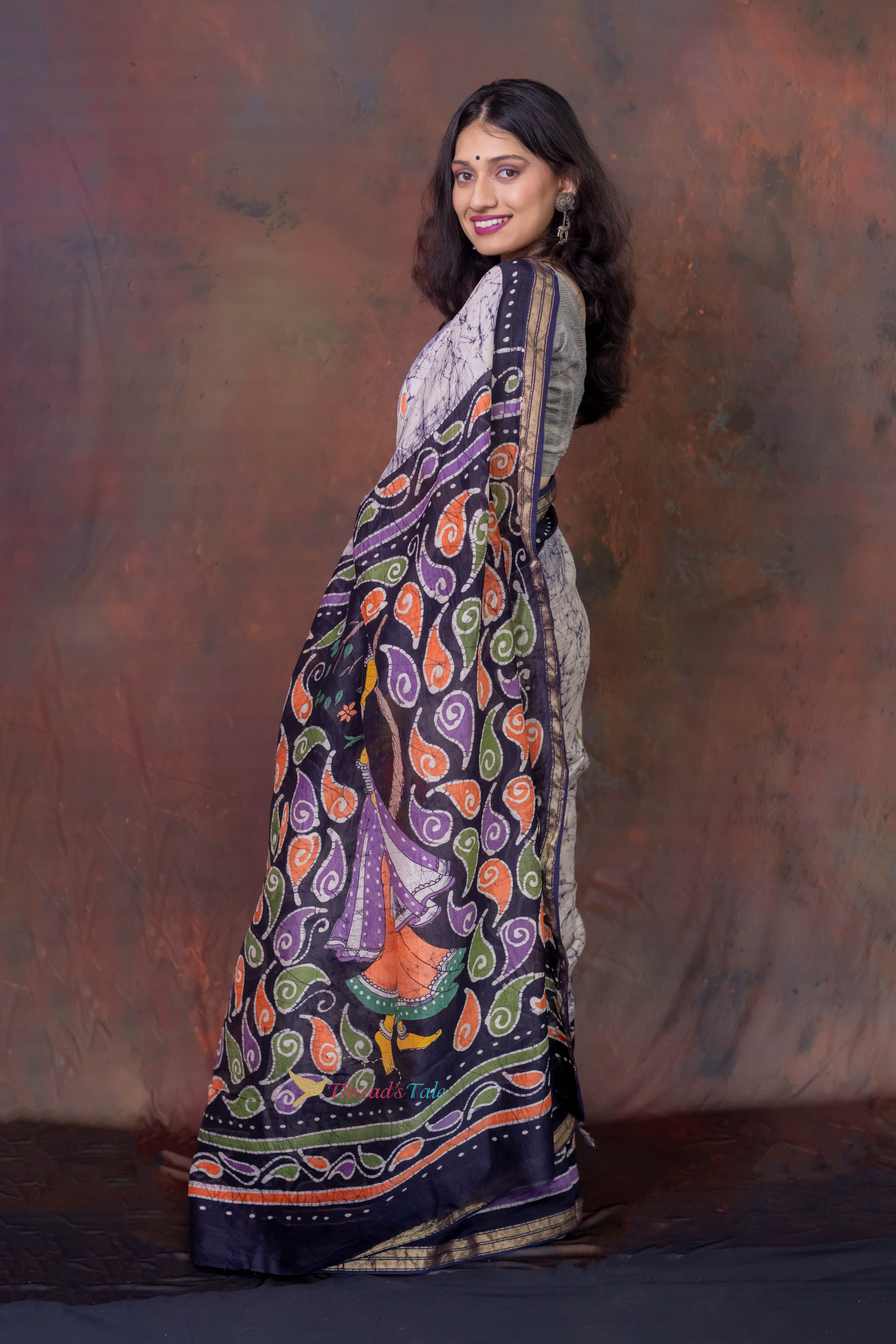Bluish Grey Hand Batik painted Handwoven Saree