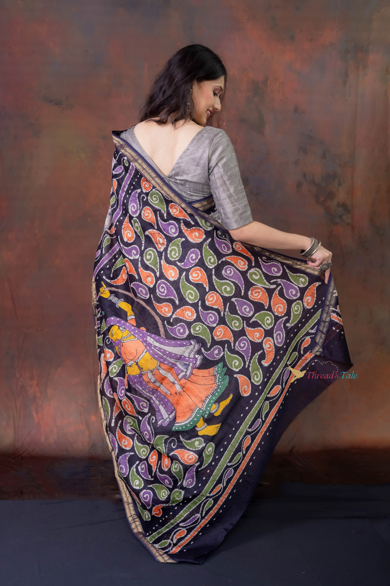 Bluish Grey Hand Batik painted Handwoven Saree