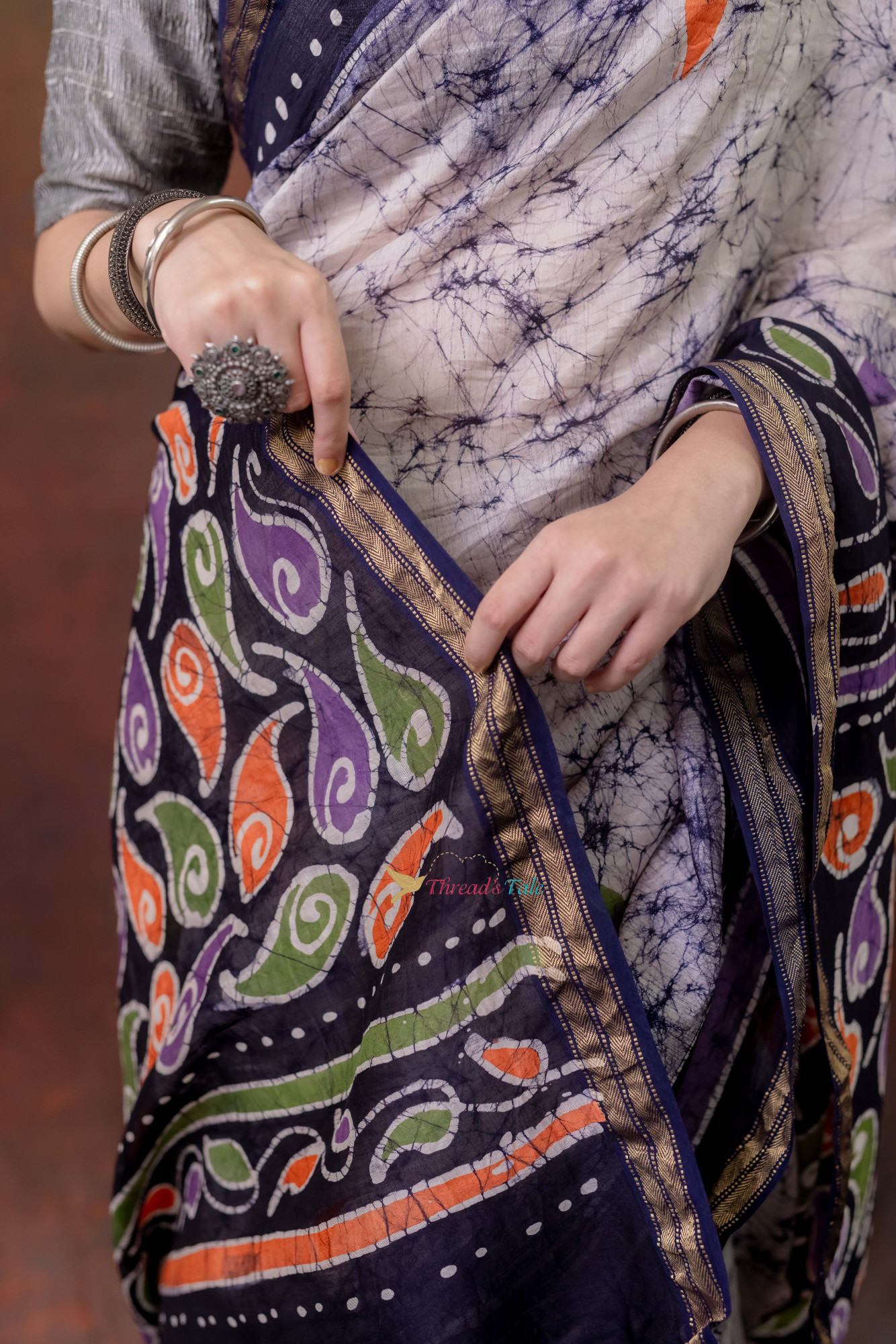 Bluish Grey Hand Batik painted Handwoven Saree