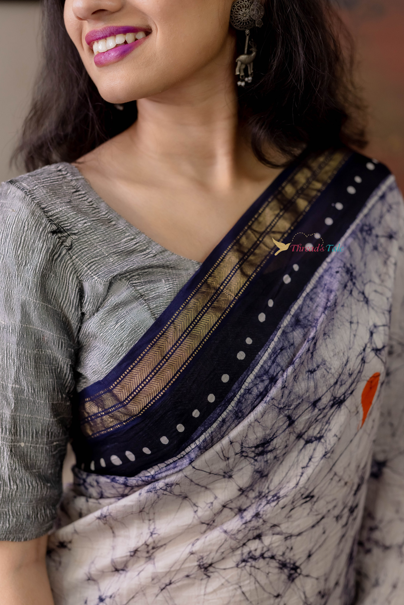 Bluish Grey Hand Batik painted Handwoven Saree