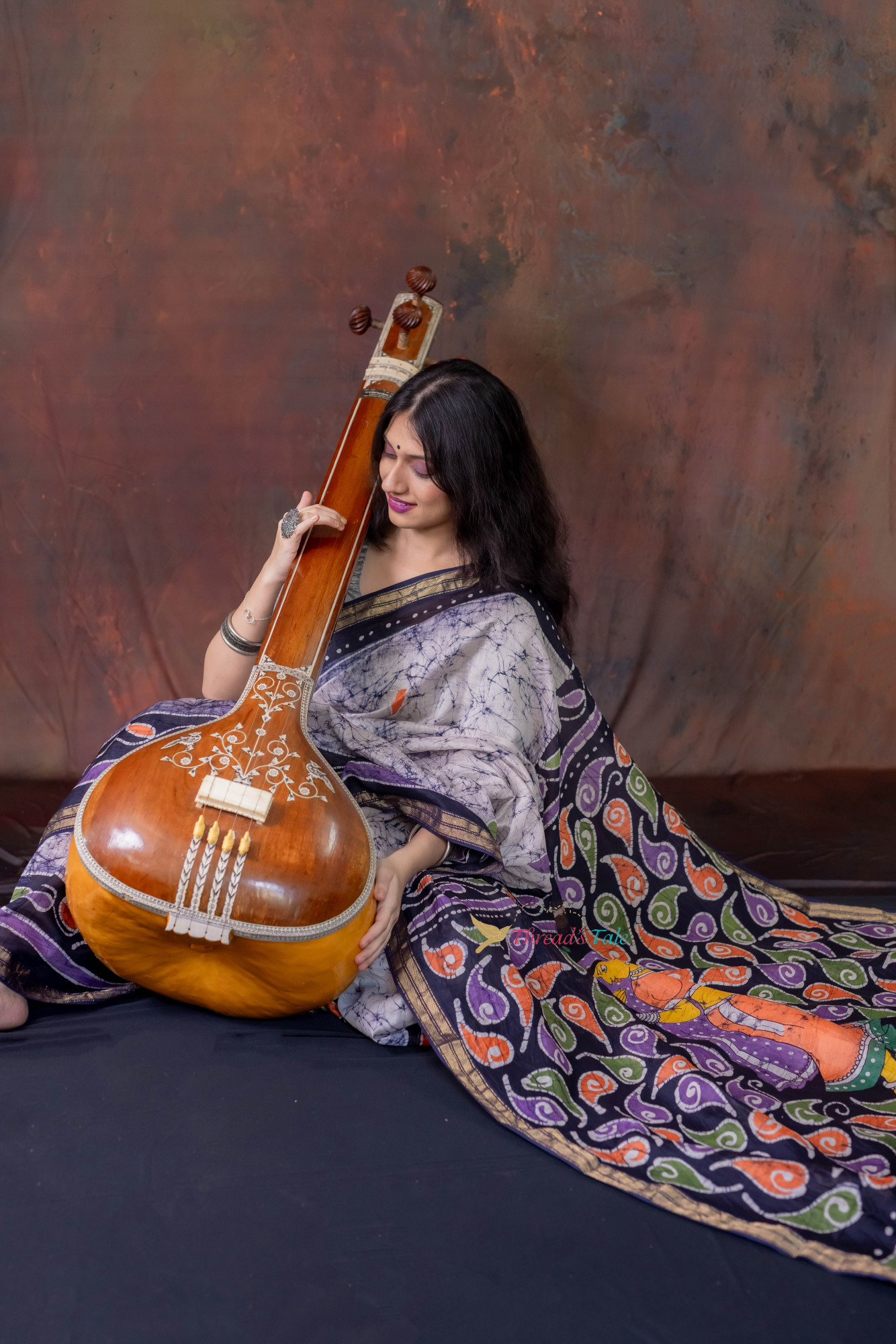 Bluish Grey Hand Batik painted Handwoven Saree