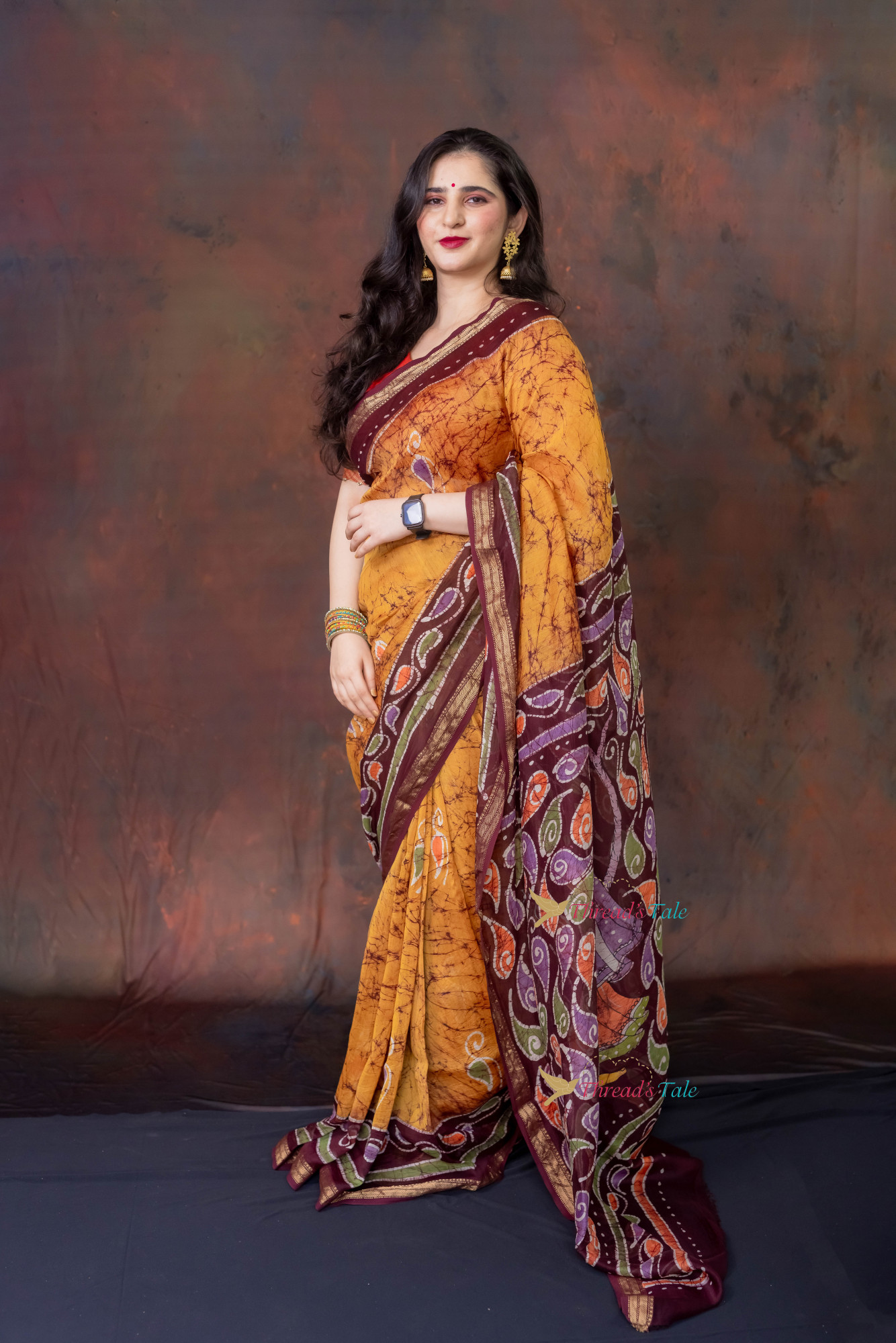 Mustard Brown  Hand Batik Painted Handwoven Saree