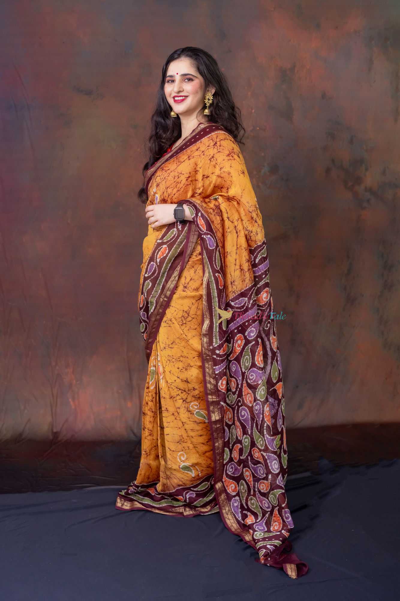 Mustard Brown  Hand Batik Painted Handwoven Saree