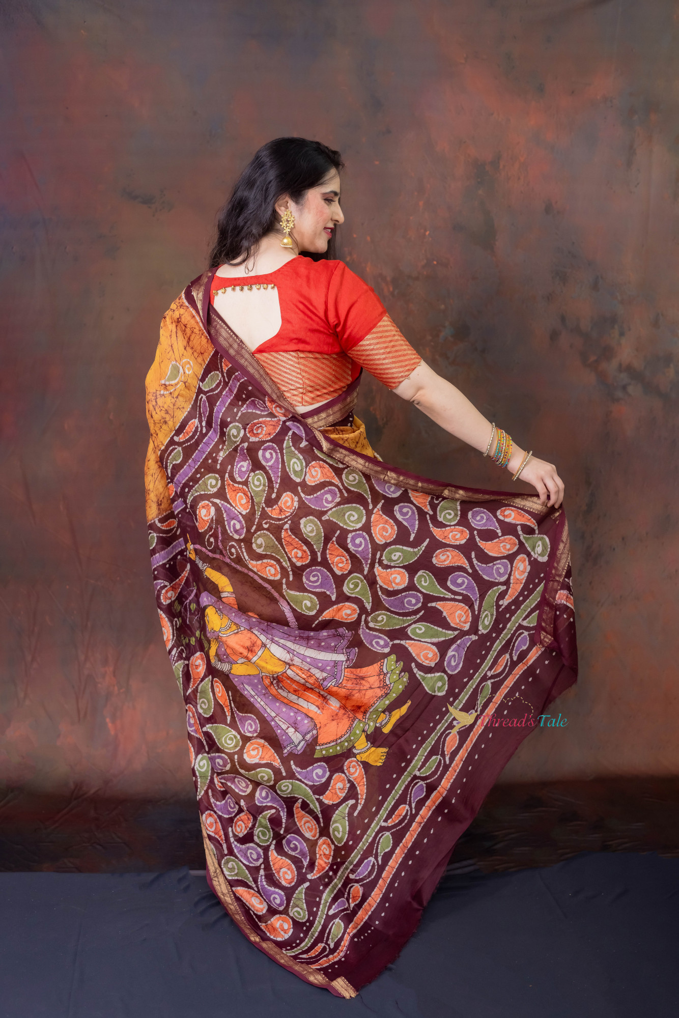 Mustard Brown  Hand Batik Painted Handwoven Saree