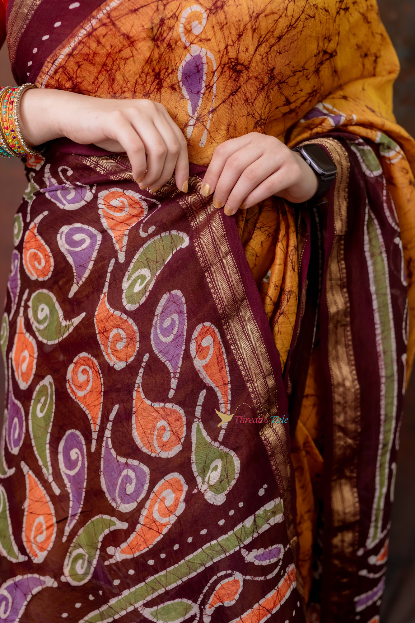 Mustard Brown  Hand Batik Painted Handwoven Saree