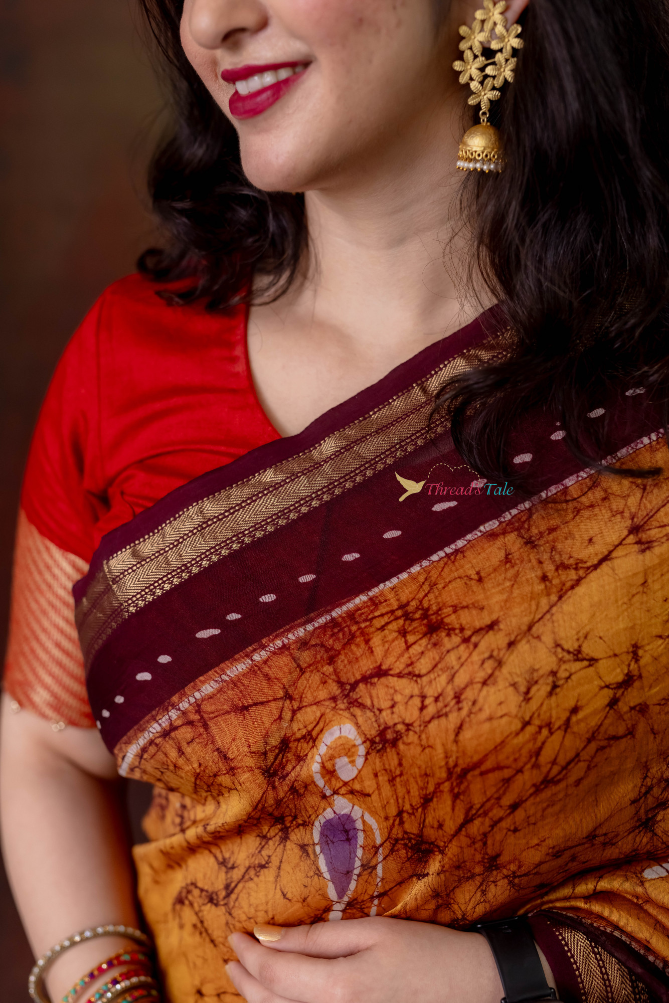 Mustard Brown Hand Batik Painted Handwoven Saree