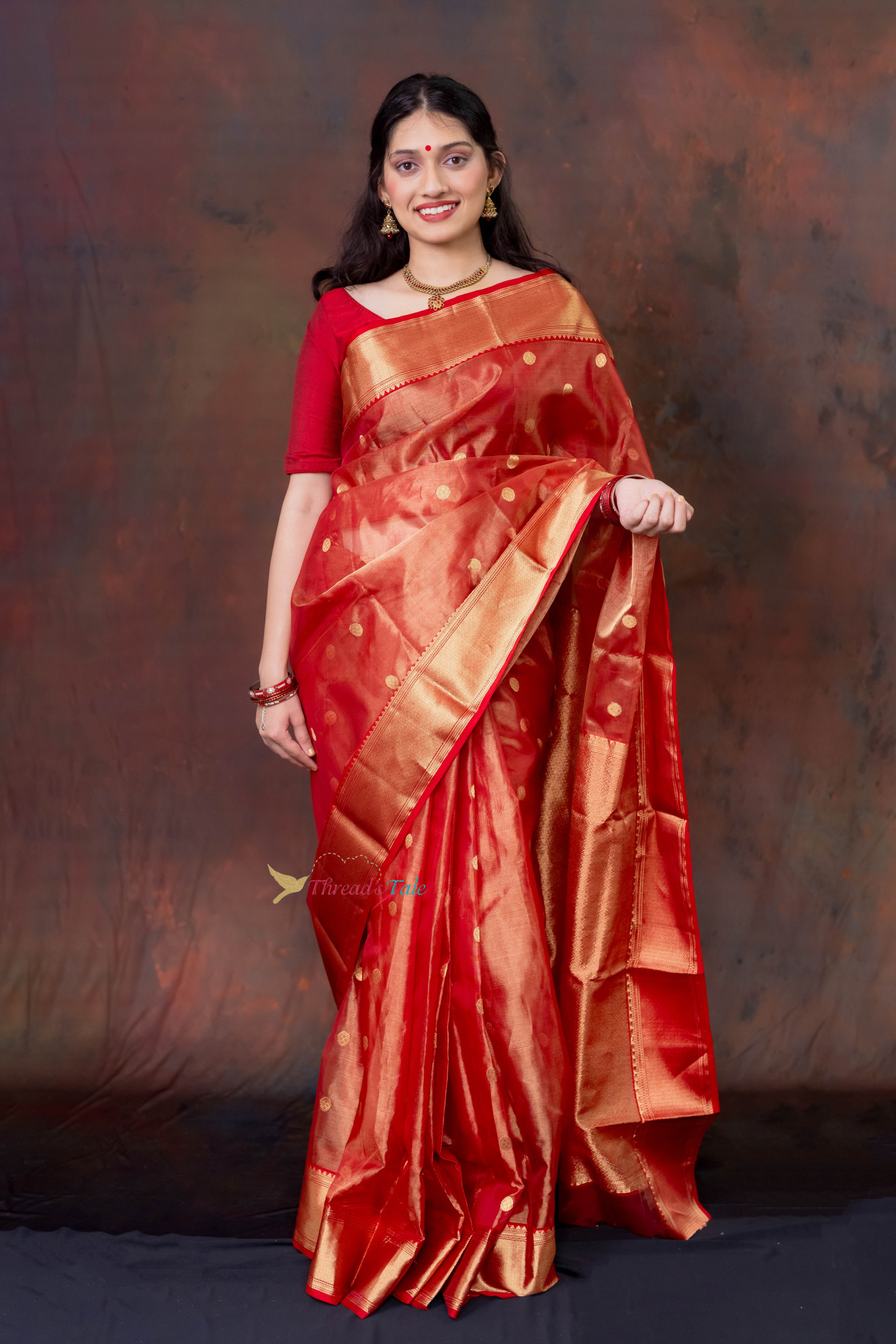 Golden Red Handwoven Tissue Saree
