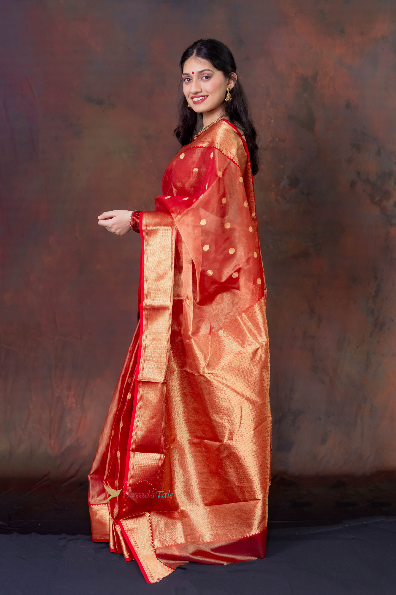 Golden Red Handwoven Tissue Saree