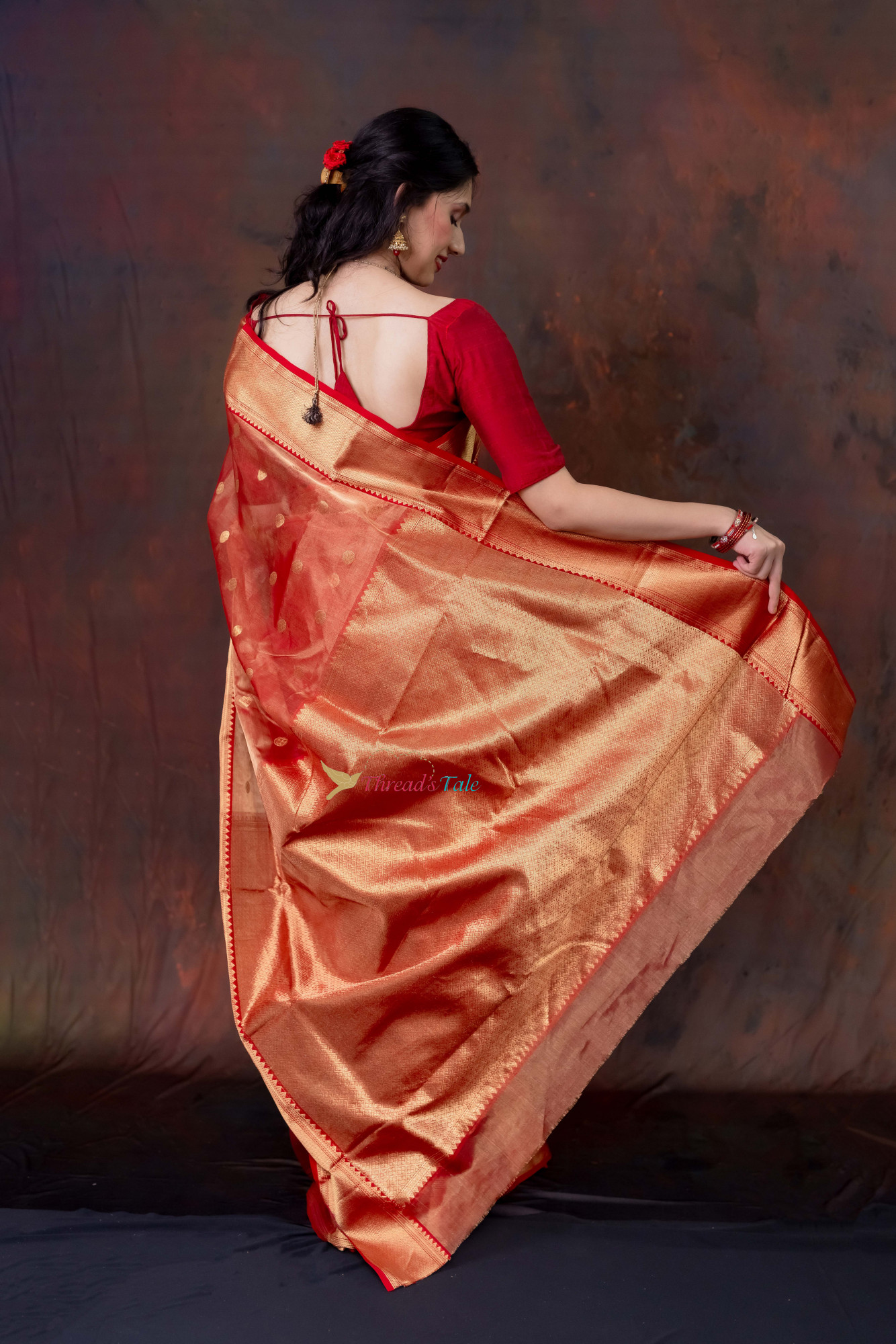 Golden Red Handwoven Tissue  Saree