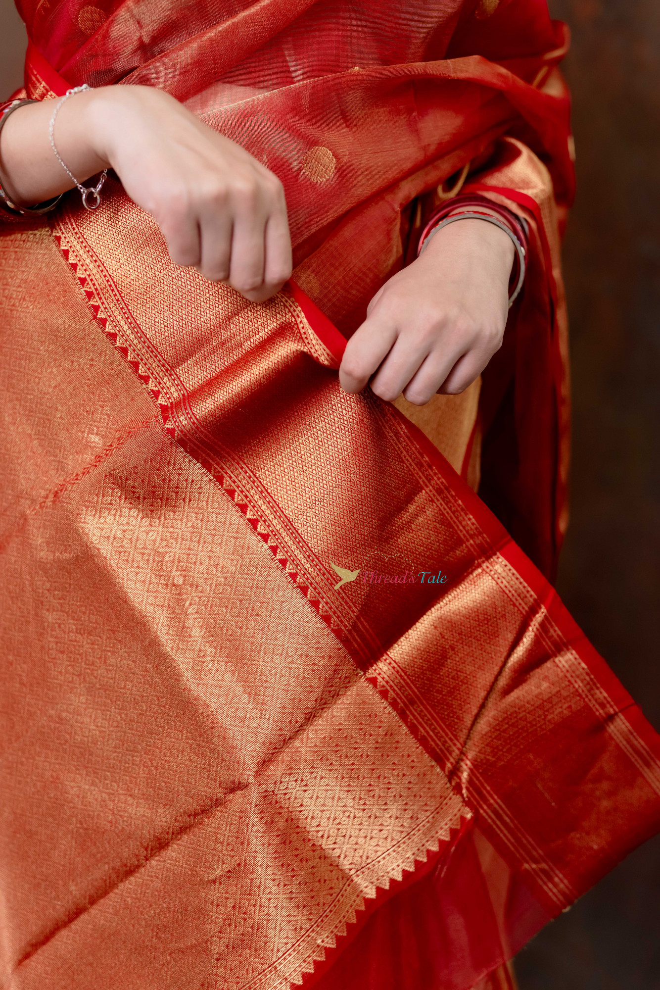 Golden Red Handwoven Tissue Saree