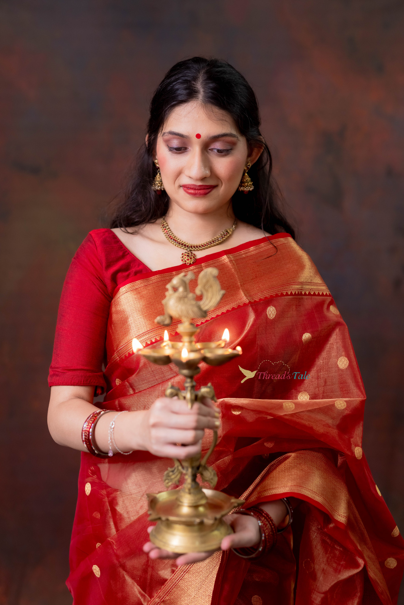 Golden Red Handwoven Tissue  Saree