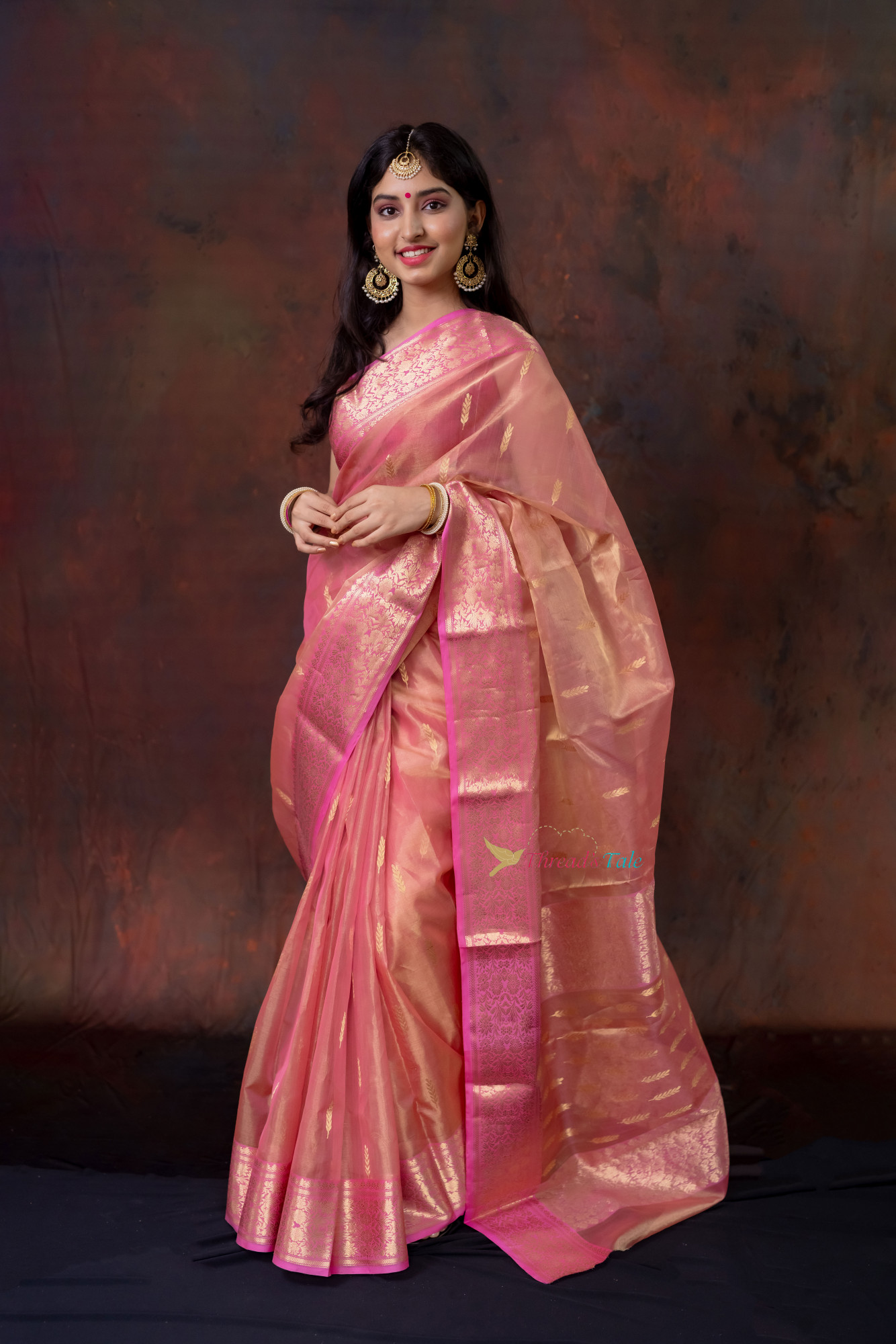 Golden Pink Handwoven Tissue Saree