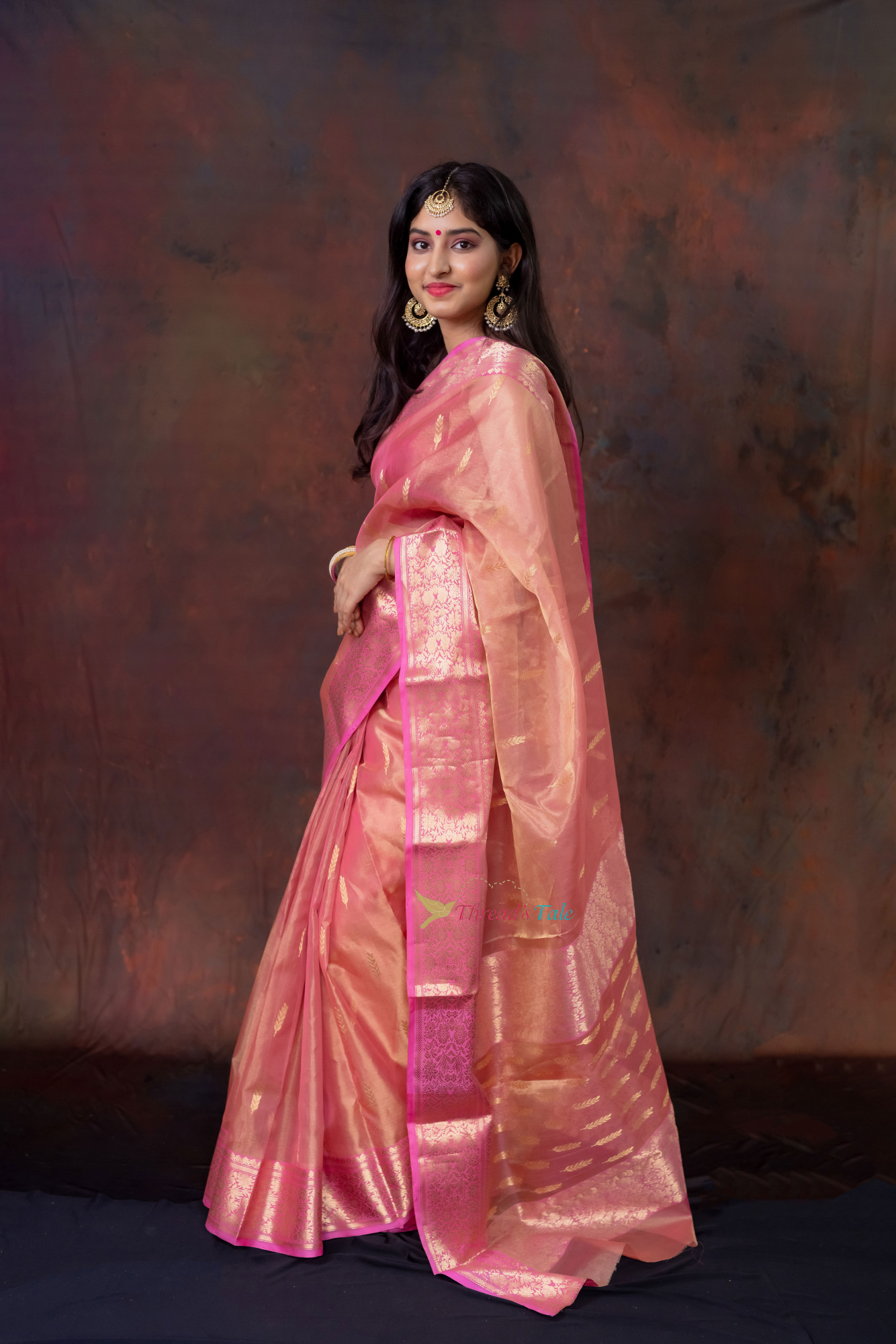 Golden Pink Handwoven Tissue Saree