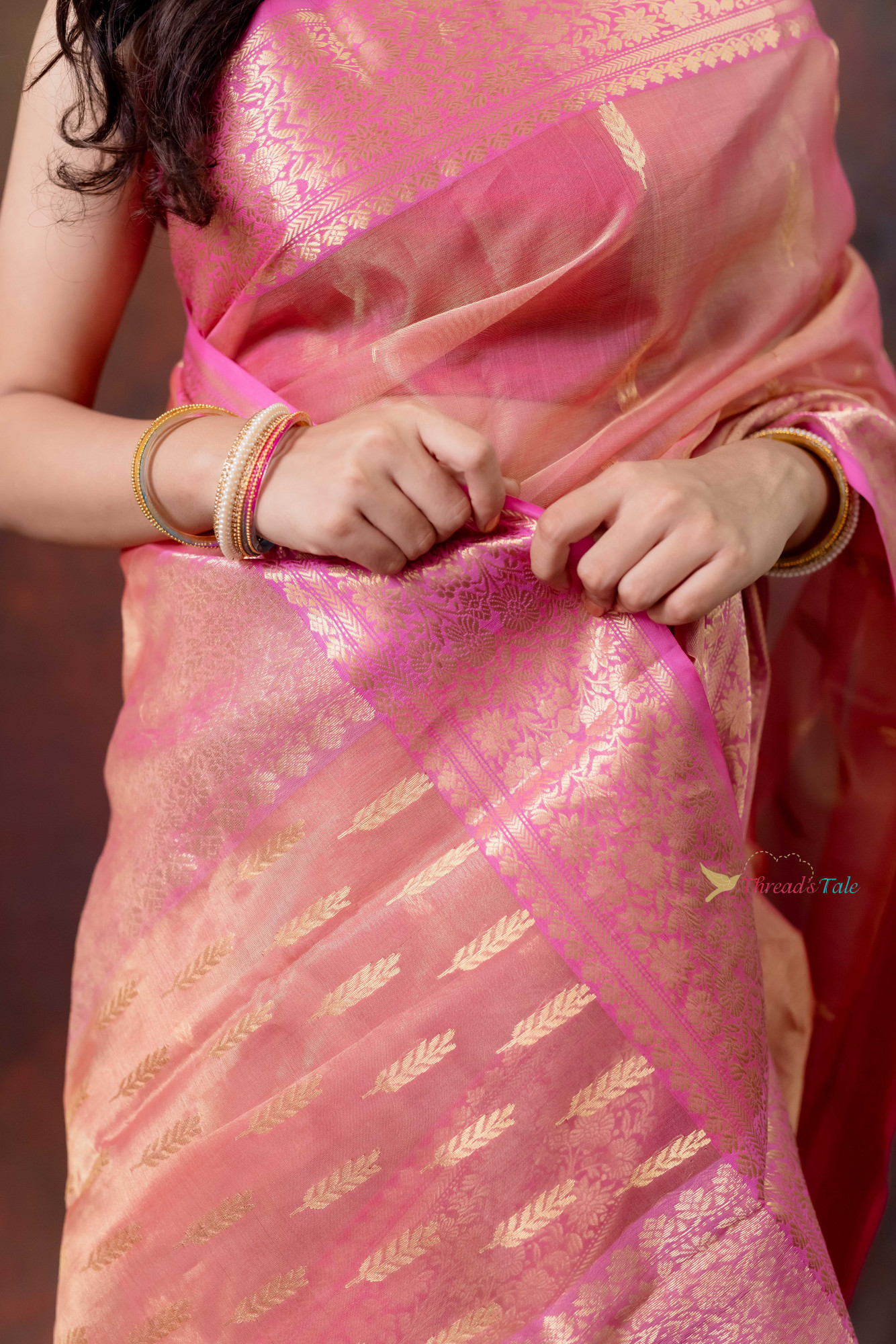 Golden Pink Handwoven Tissue Saree