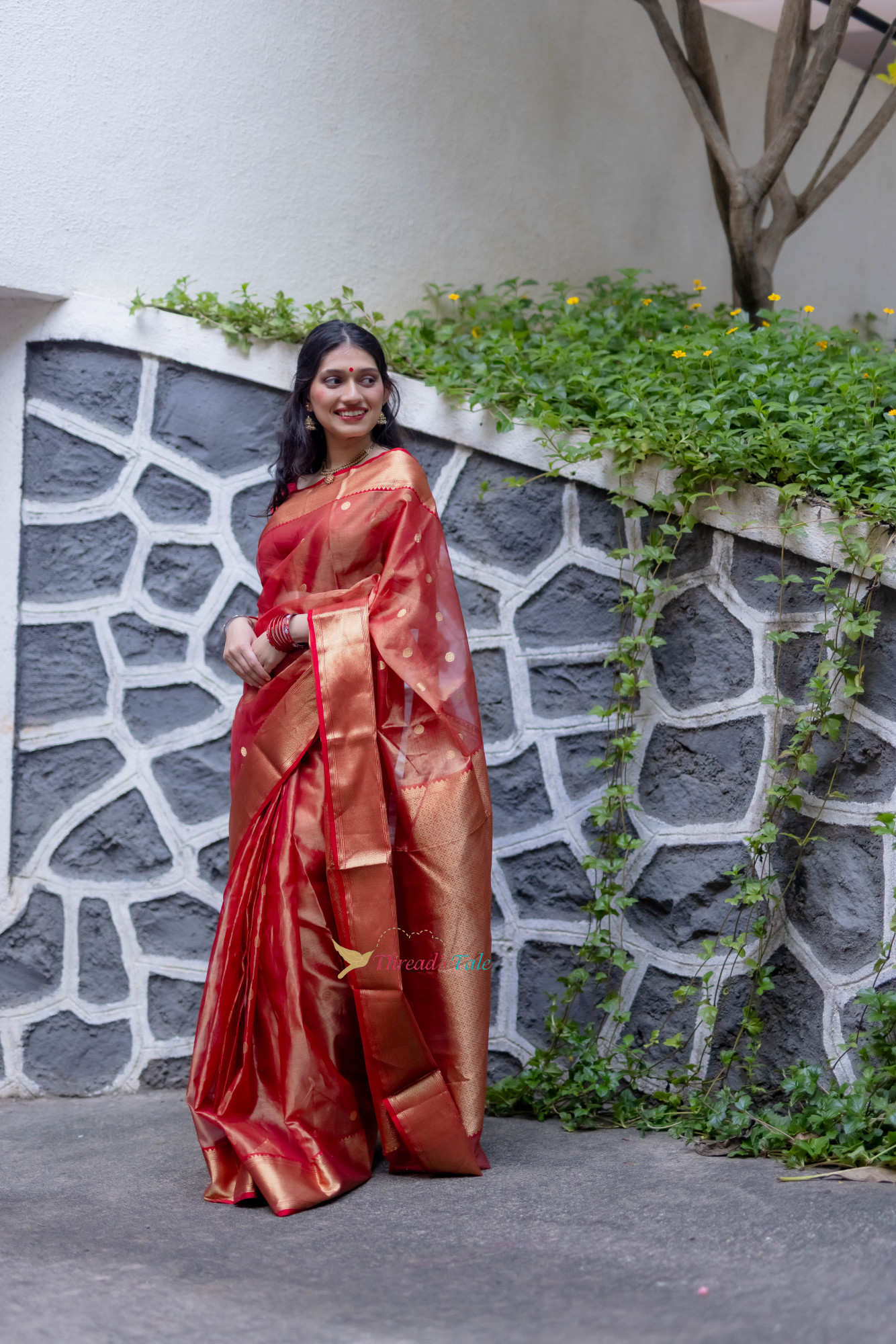 Golden Red Handwoven Tissue  Saree