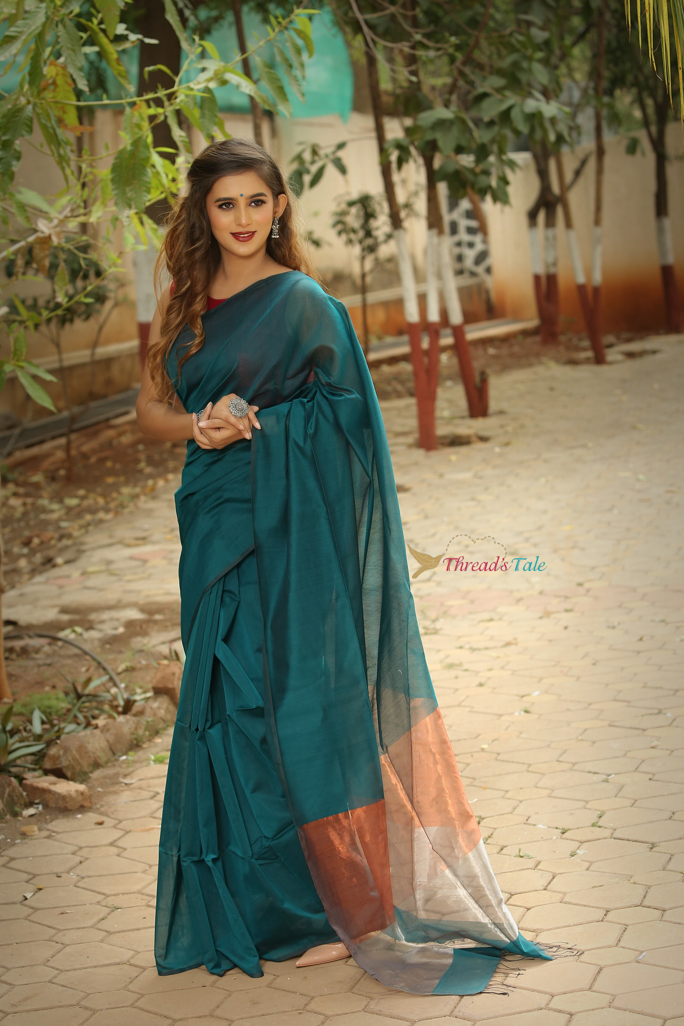 Rama Blue Handwoven Maheshwari Silk Saree with Tissue Aanchal