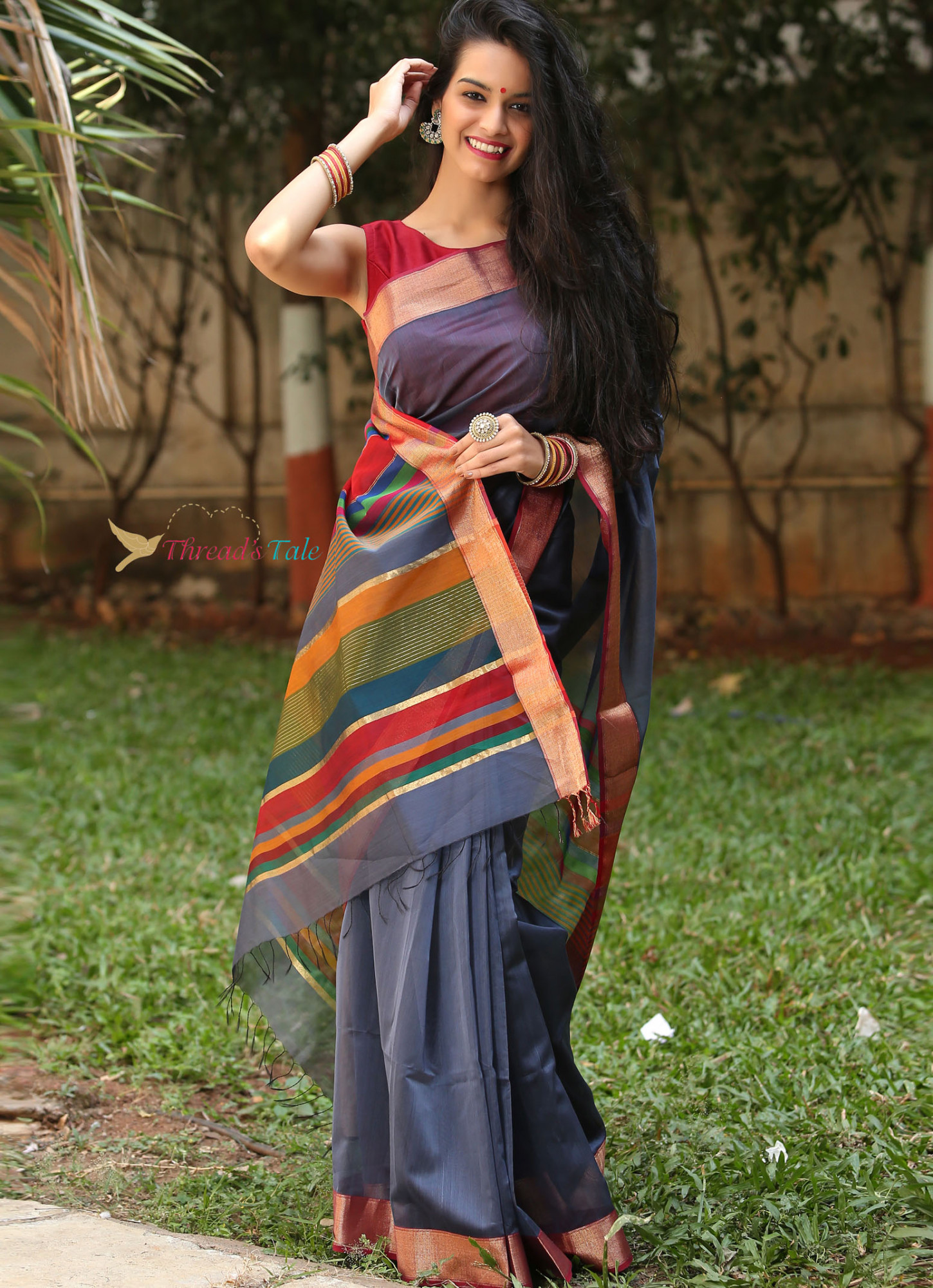 Steel Grey Handwoven Maheshwari Silk Saree with Multi Shaded Aanchal