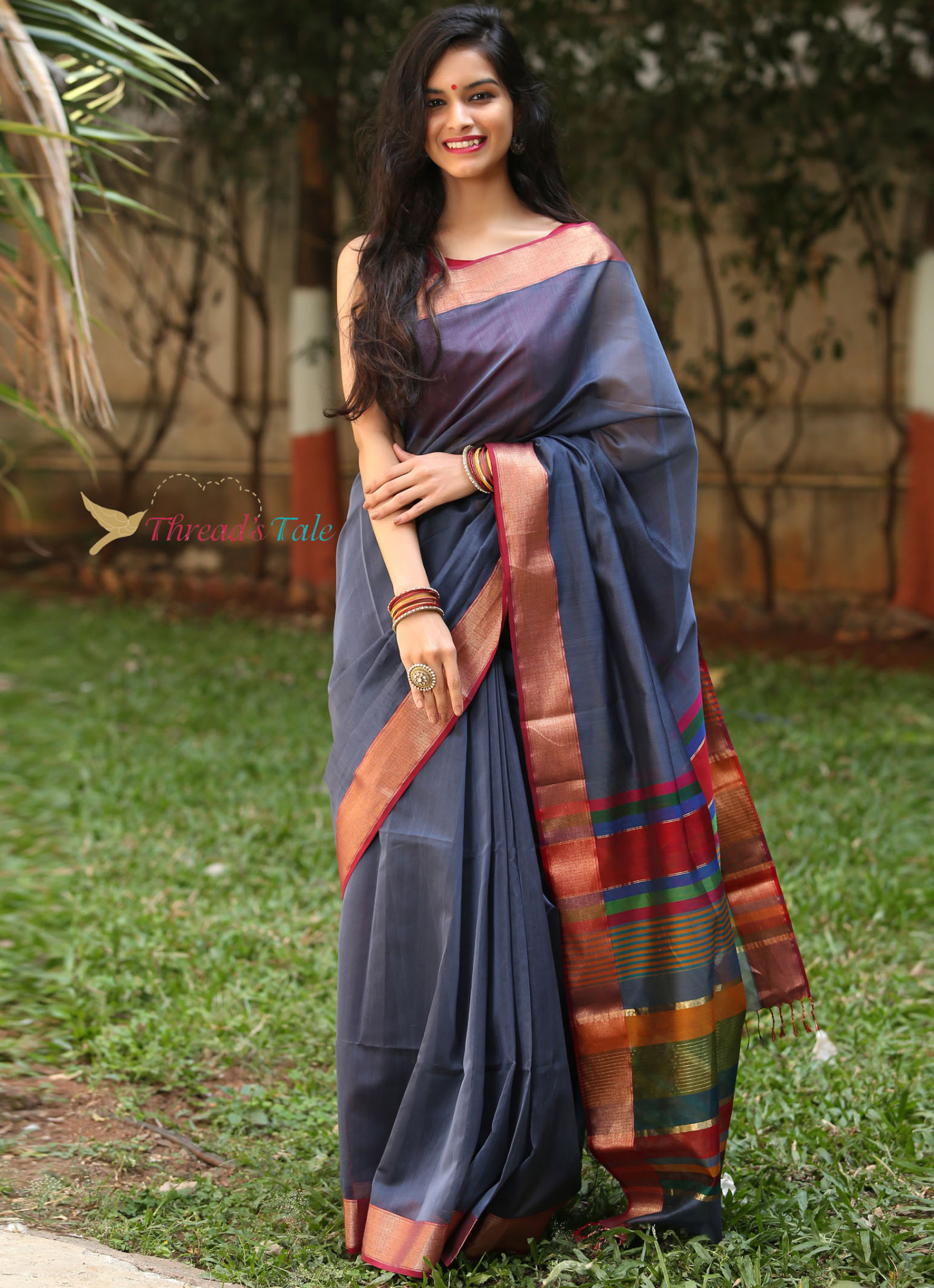 Steel Grey Handwoven Maheshwari Silk Saree with Multi Shaded Aanchal