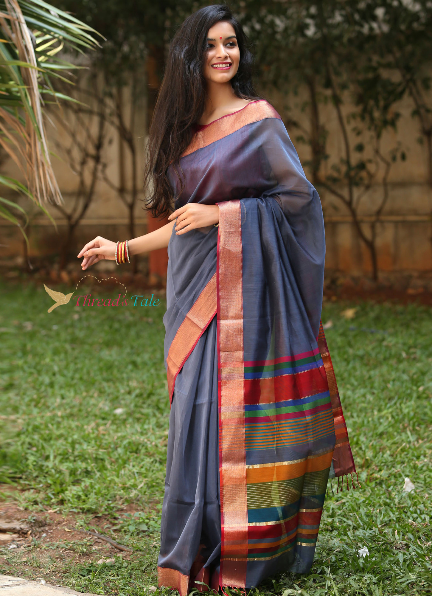 Steel Grey Handwoven Maheshwari Silk Saree with Multi Shaded Aanchal