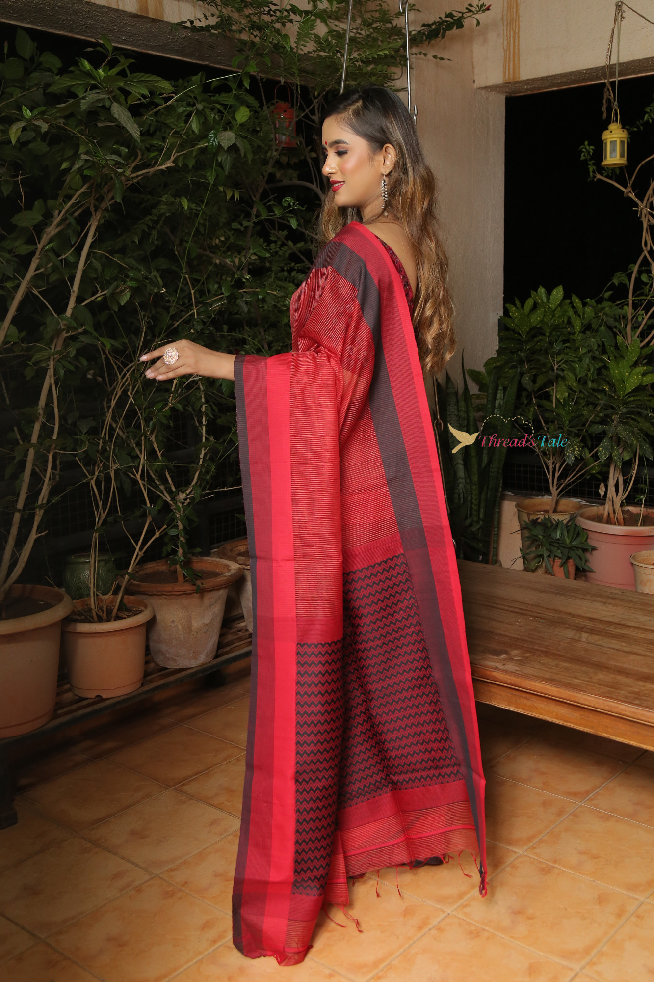 Maroon Handwoven Maheshwari Raw Silk Saree With Cotton Border