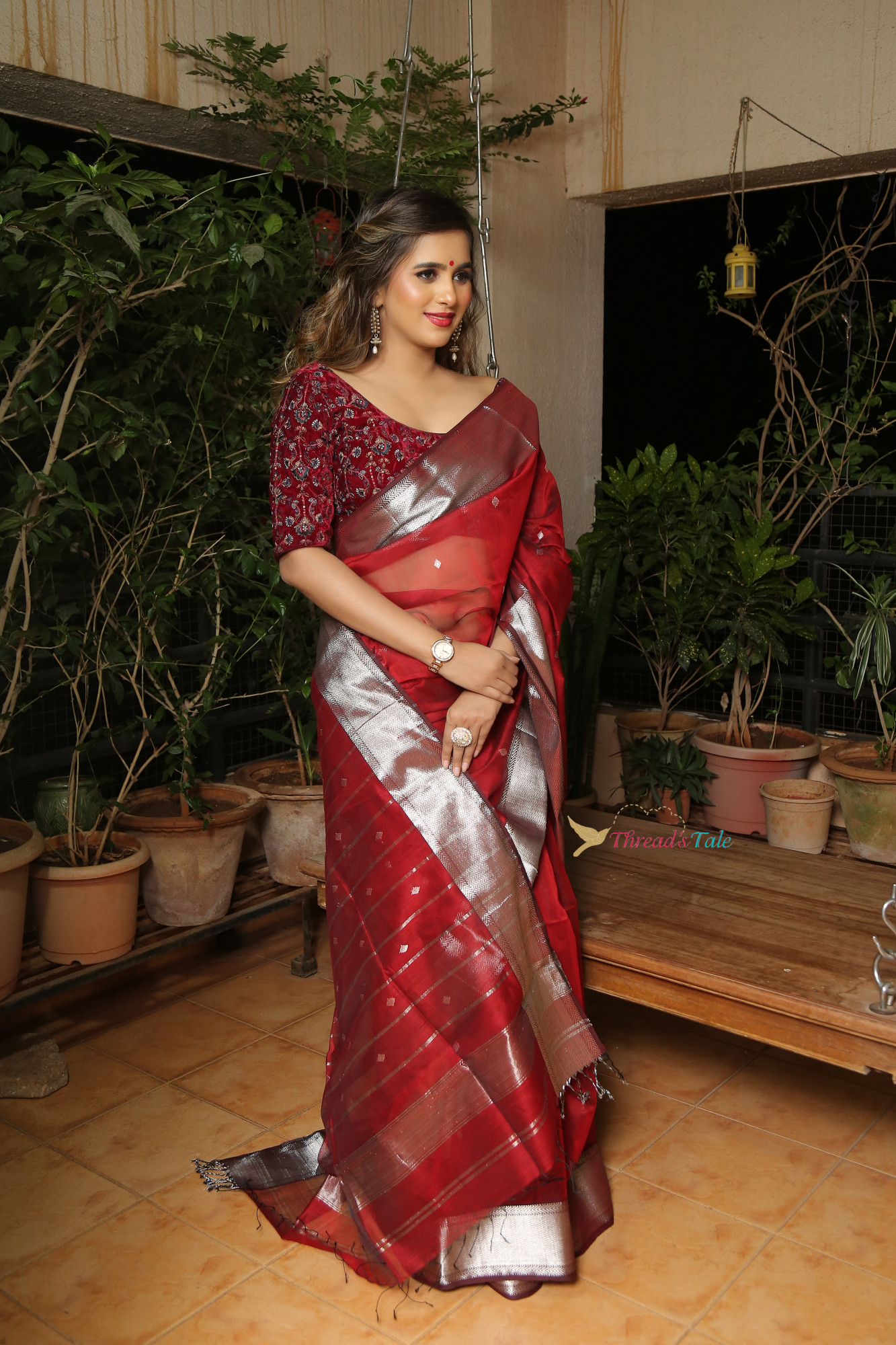 Maroon Handwoven Maheshwari  Silk Saree With Silver Border with Silver Butties