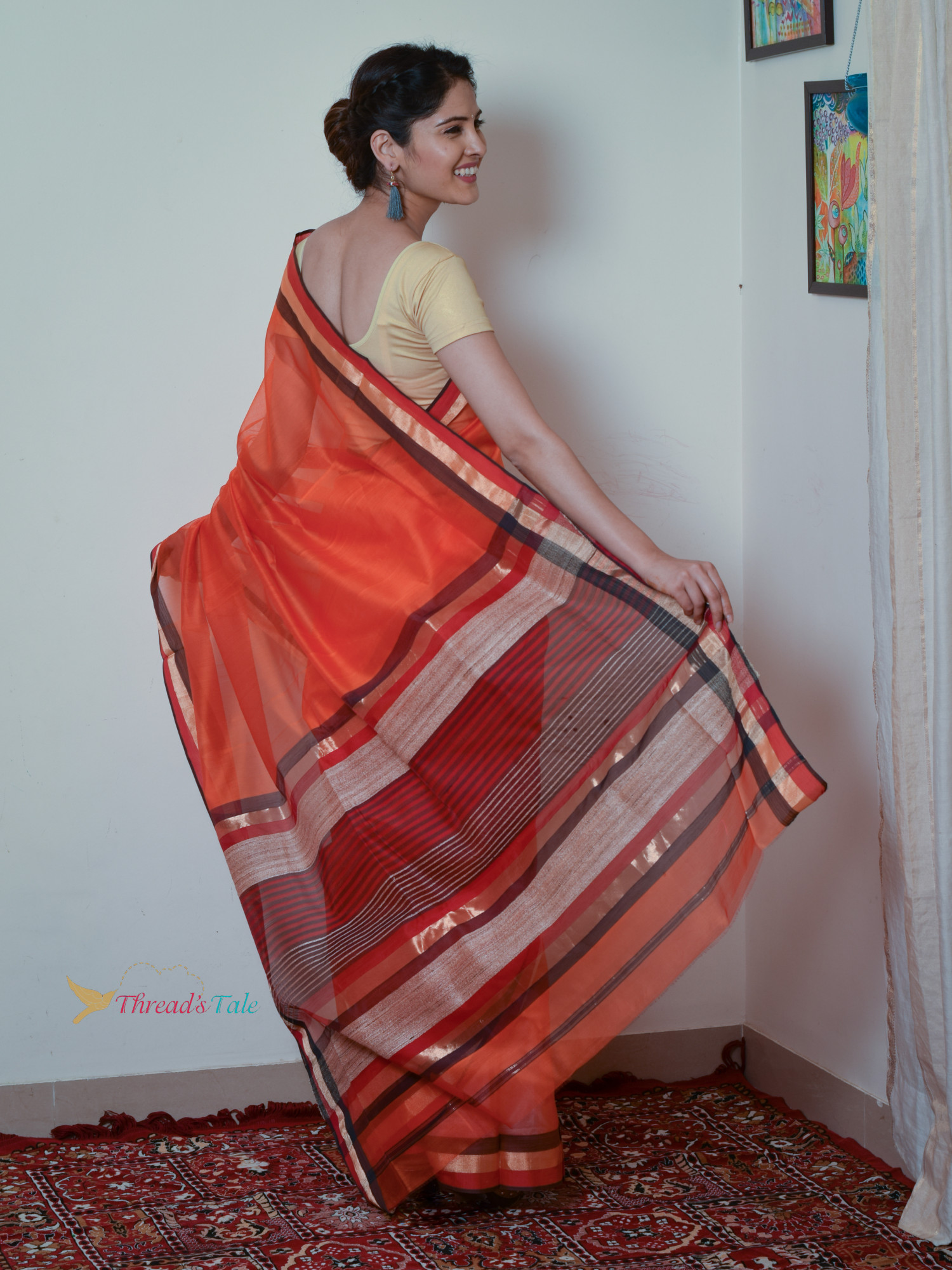 Orange Handwoven Maheshwari Silk Saree