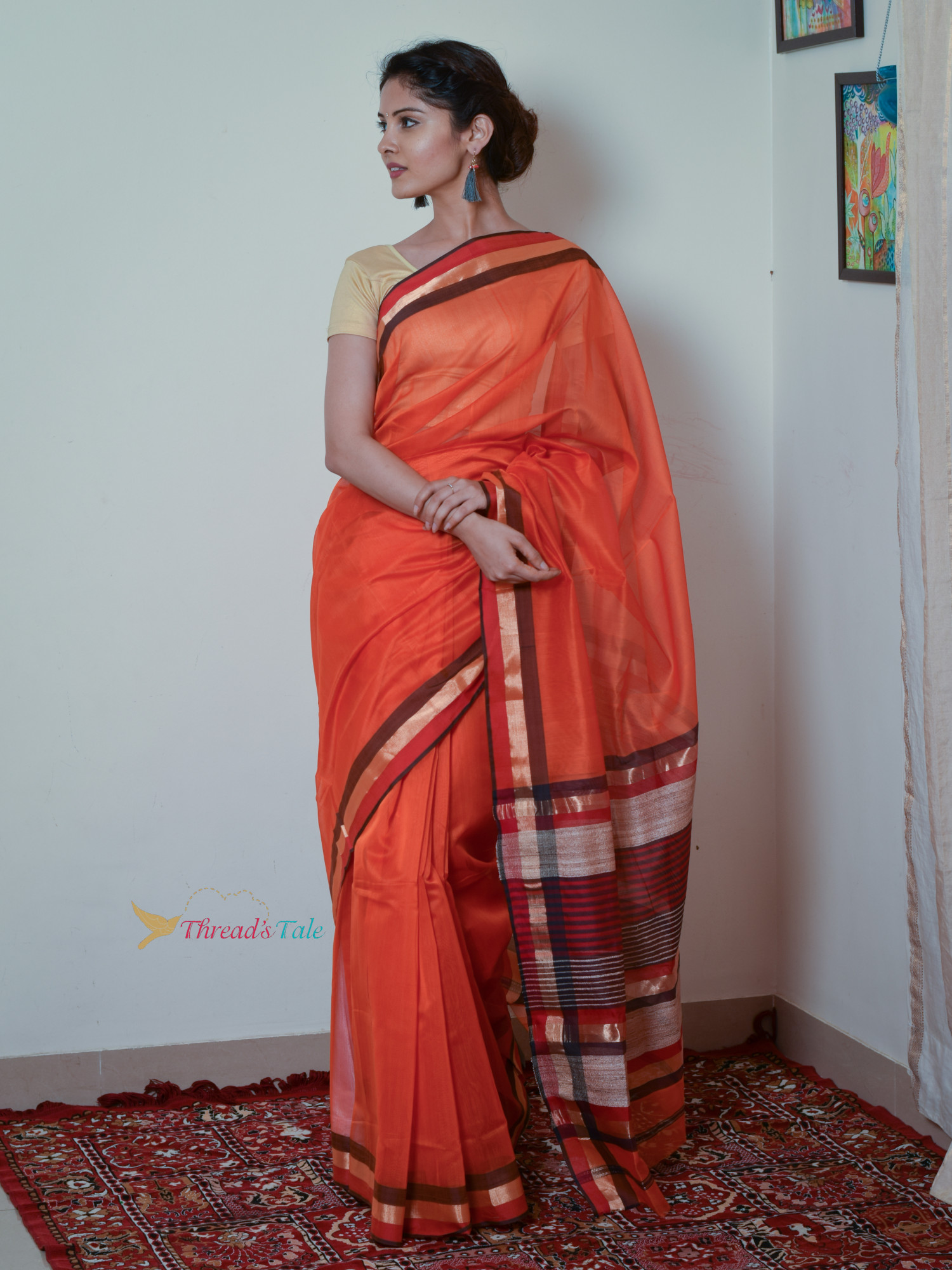 Orange Handwoven Maheshwari Silk Saree
