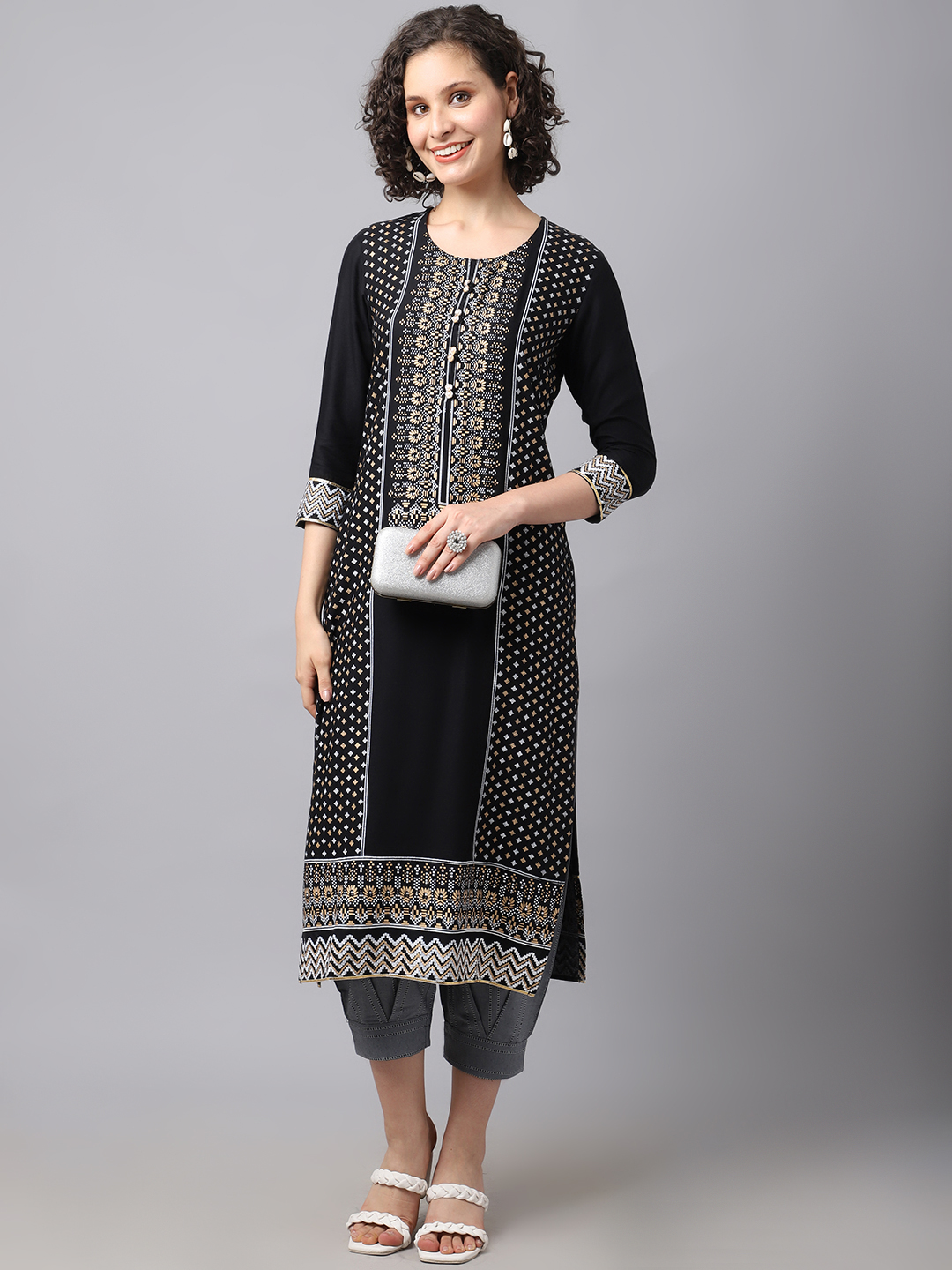 Women Black Geometric Printed Kurta