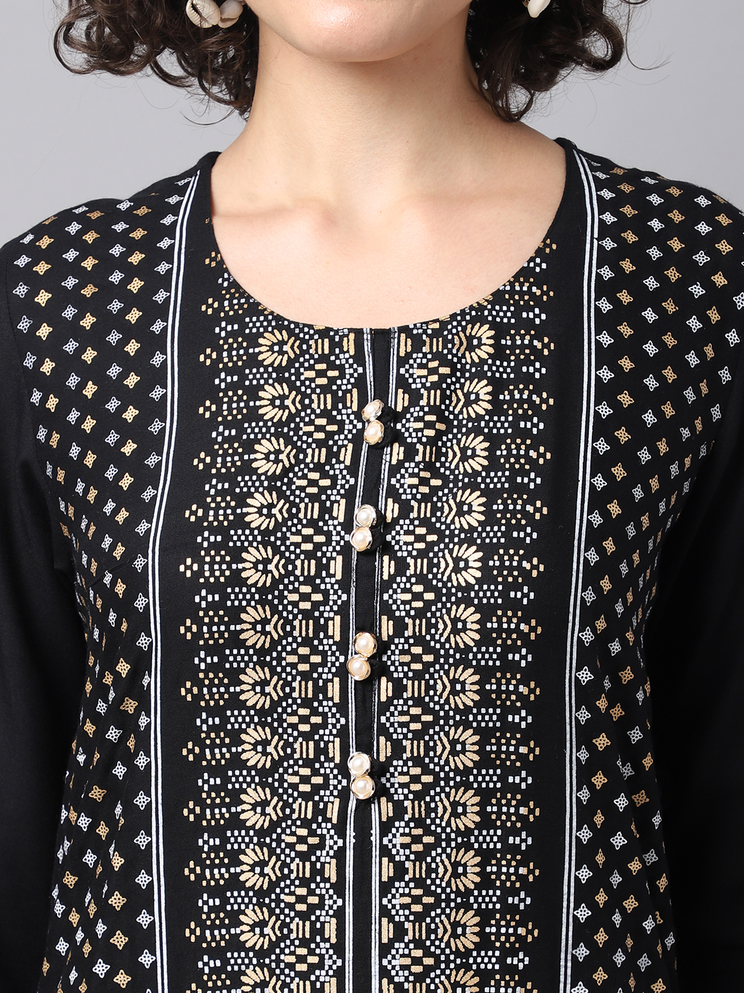 Women Black Geometric Printed Kurta