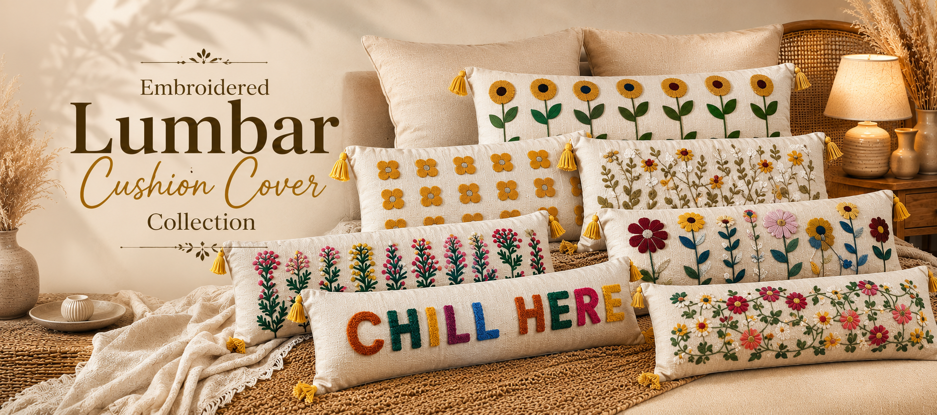 Embroidered Lumbar Cushion Cover
